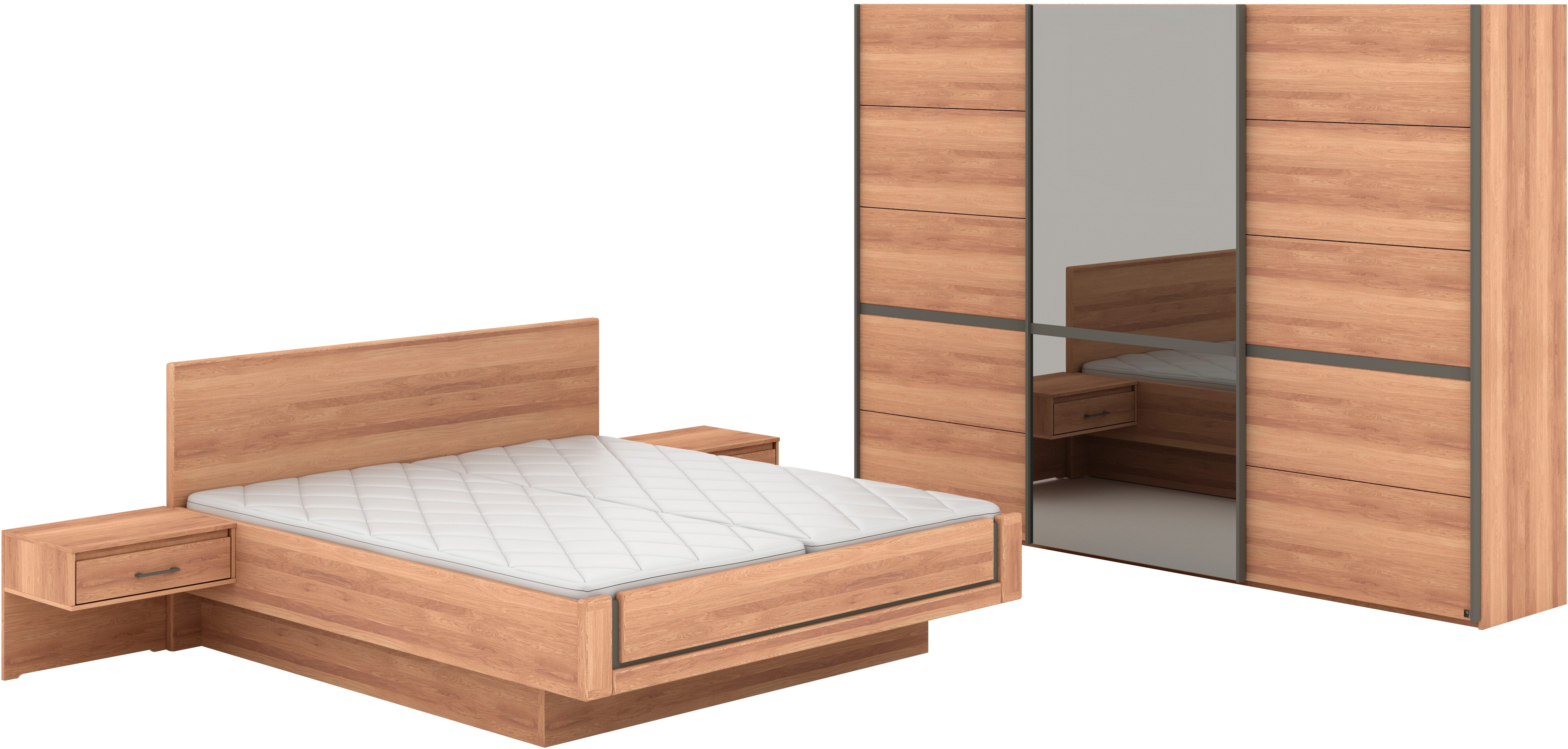 Musterring Schlafzimmer-Set Sorrent, Kleiderschrank, Bett & Nachtkommoden, teilmassiv Eiche, (2er-Set Nachtschränke, Schwebetürenschrank 300 cm, Bett 180x200 cm), mit Schwebetürenschrank, Bett mit Stollenfuß, Breite Schrank 250 cm