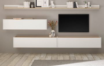 Furn.Design Wohnwand Center, (Wohnzimmer Set 4-teilig in weiß mit Wotan Eiche, Breite 300 - 360 cm), Breite und Höhe variabel