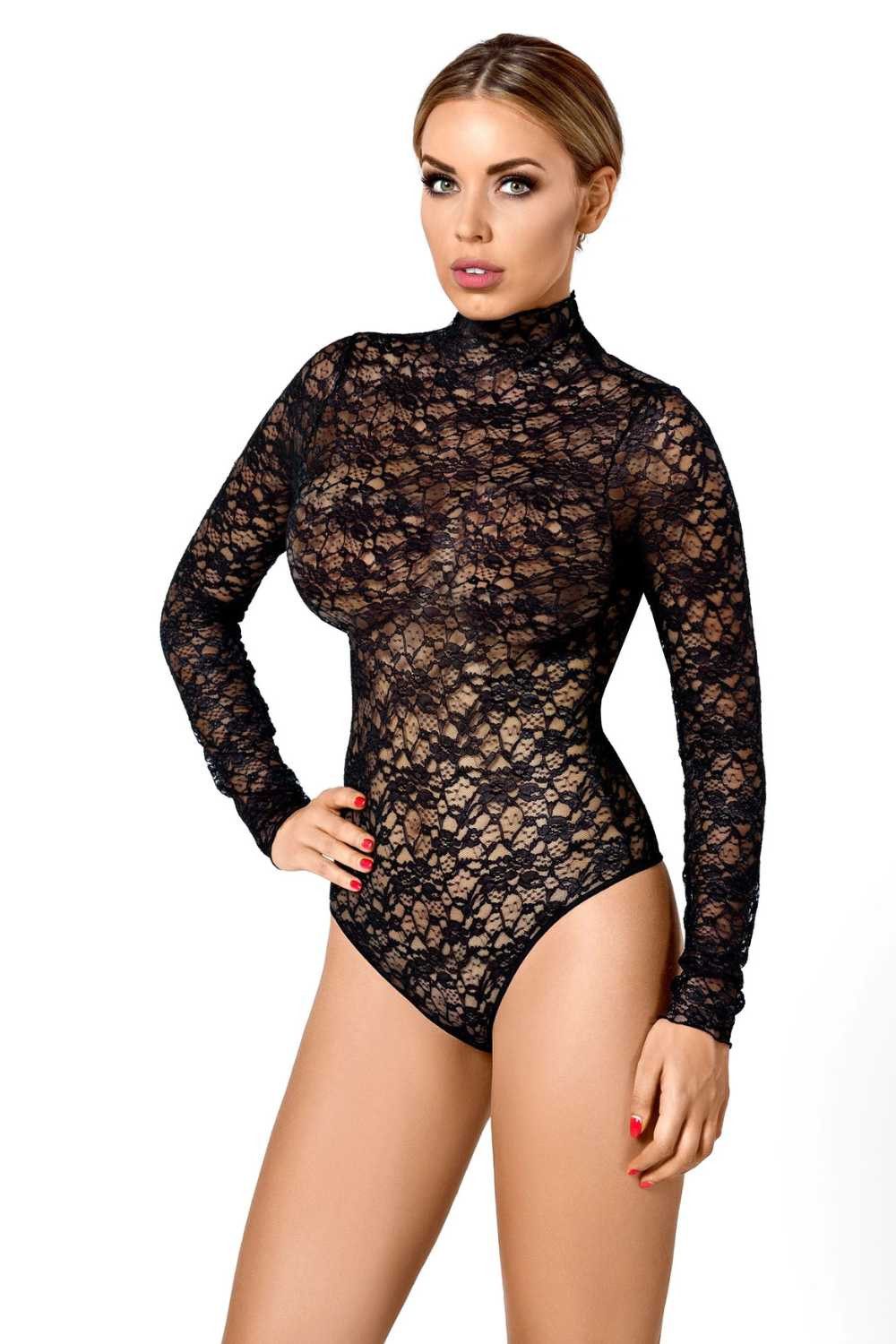 Body Verona Spitzenbody langarm schwarz verführerisch S