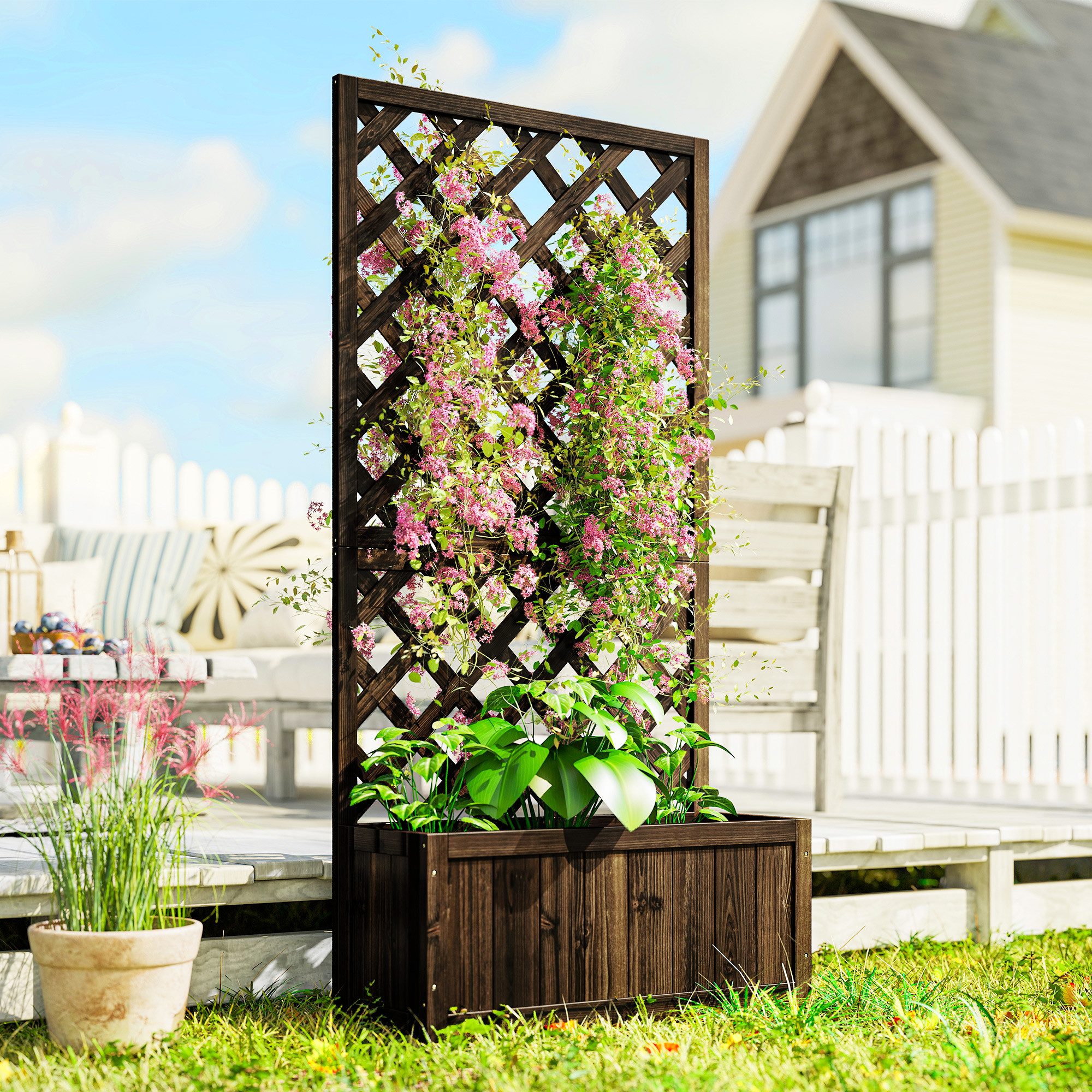 Outsunny Hochbeet Pflanzenkasten mit Rankgitter, Spalier, Holz, 72,5x31,5x149,5cm (Blumenkasten, 1 St., Pflanzkasten), für Garten, Balkon, Braun