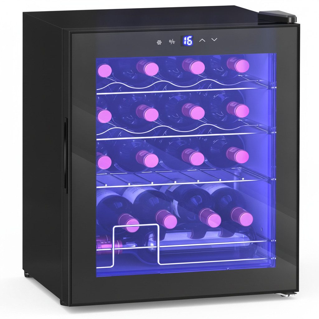 kowdom Weinkühlschrank 16 Flaschen, Kompressor, 5-18°C, leise 41 dB, UV-Schutz, Glastür, für 16 Standardflaschen á 0,75l