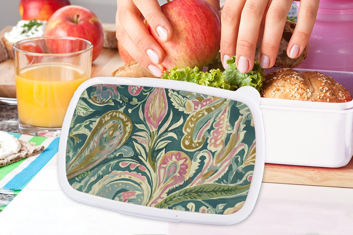 MuchoWow Lunchbox Gemustert - Bunt - Verschnörkelt - Grün, Kunststoff, (2-tlg), Brotdose Schule oder Arbeit, Brotbox für Kinder und Erwachsene