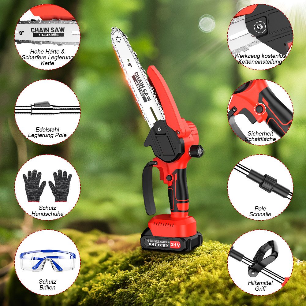 reffmov Akku-Kettensäge Teleskop Astsäge Hochentaster, Teleskopsäge Akku Astschere Satz, 2-in-1 Design Brushless-Motor