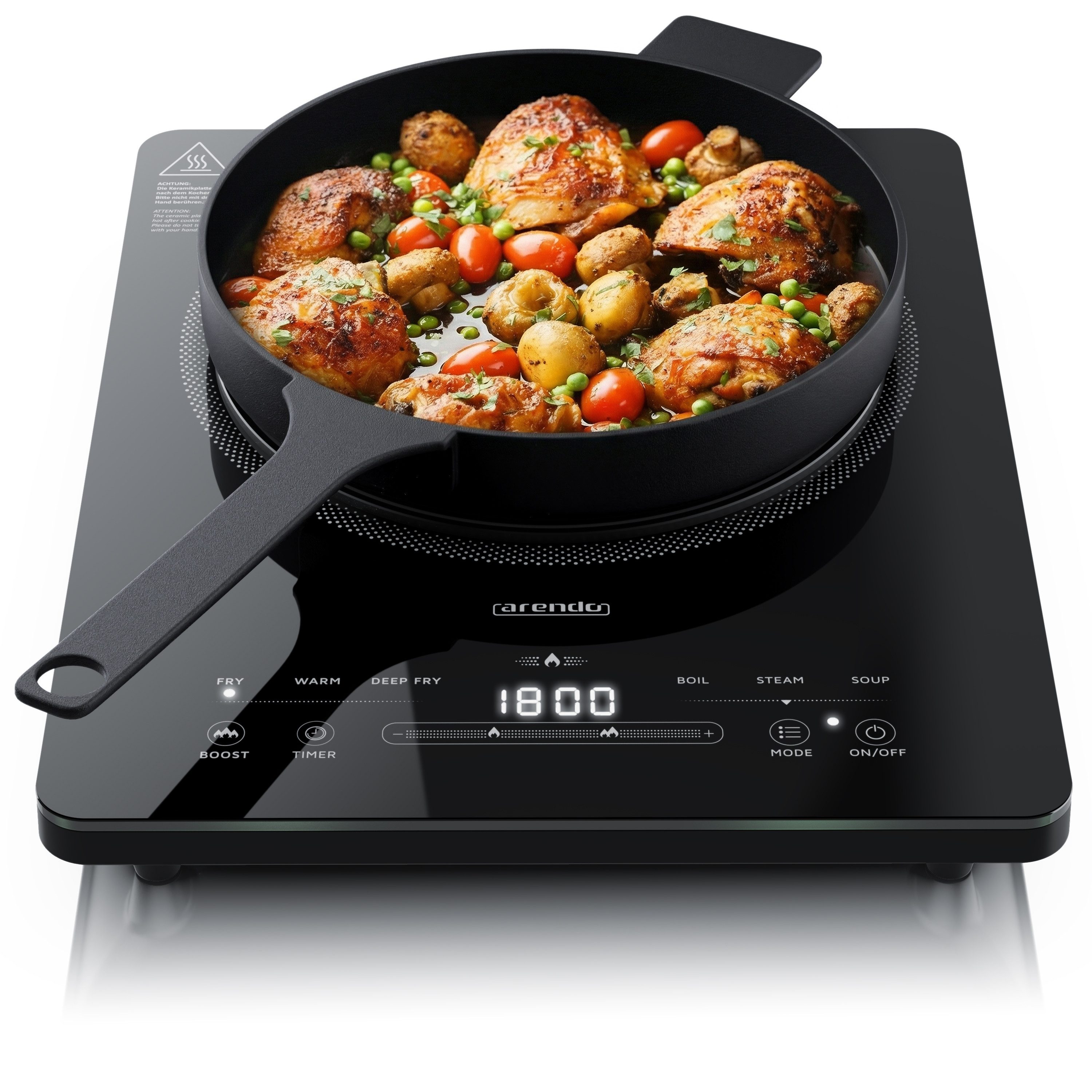 Arendo Induktions-Kochfeld Einzelkochplatte Mobile 2200W Induktionsplatte, Timer, Sensor-Touch & Kindersicherung, Mobile 2200W Induktionsplatte, Timer, Sensor-Touch & Kindersicherung