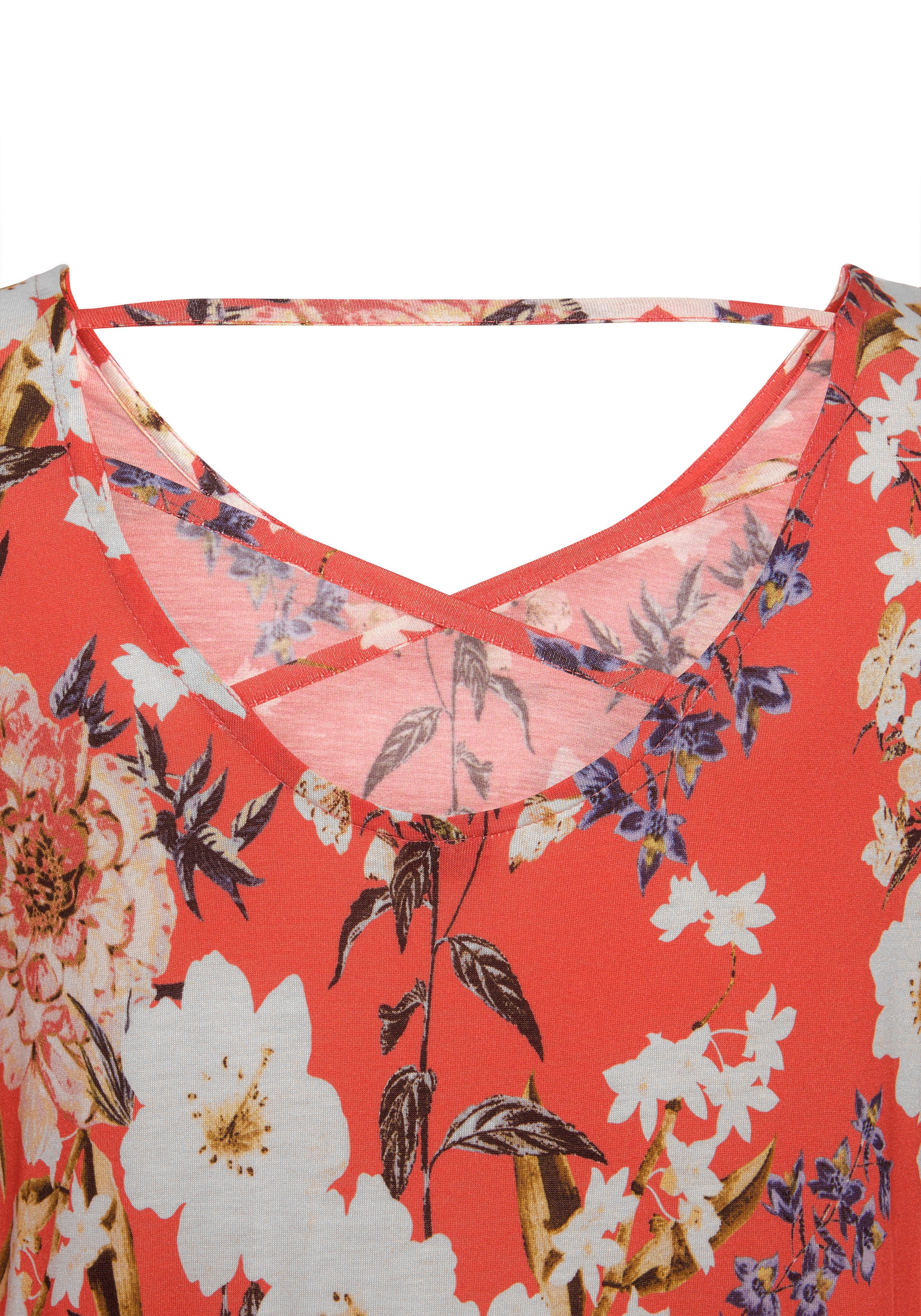 Jerseykleid mit Blumenprint und Volantrock, Druckkleid mit 3/4-Ärmeln