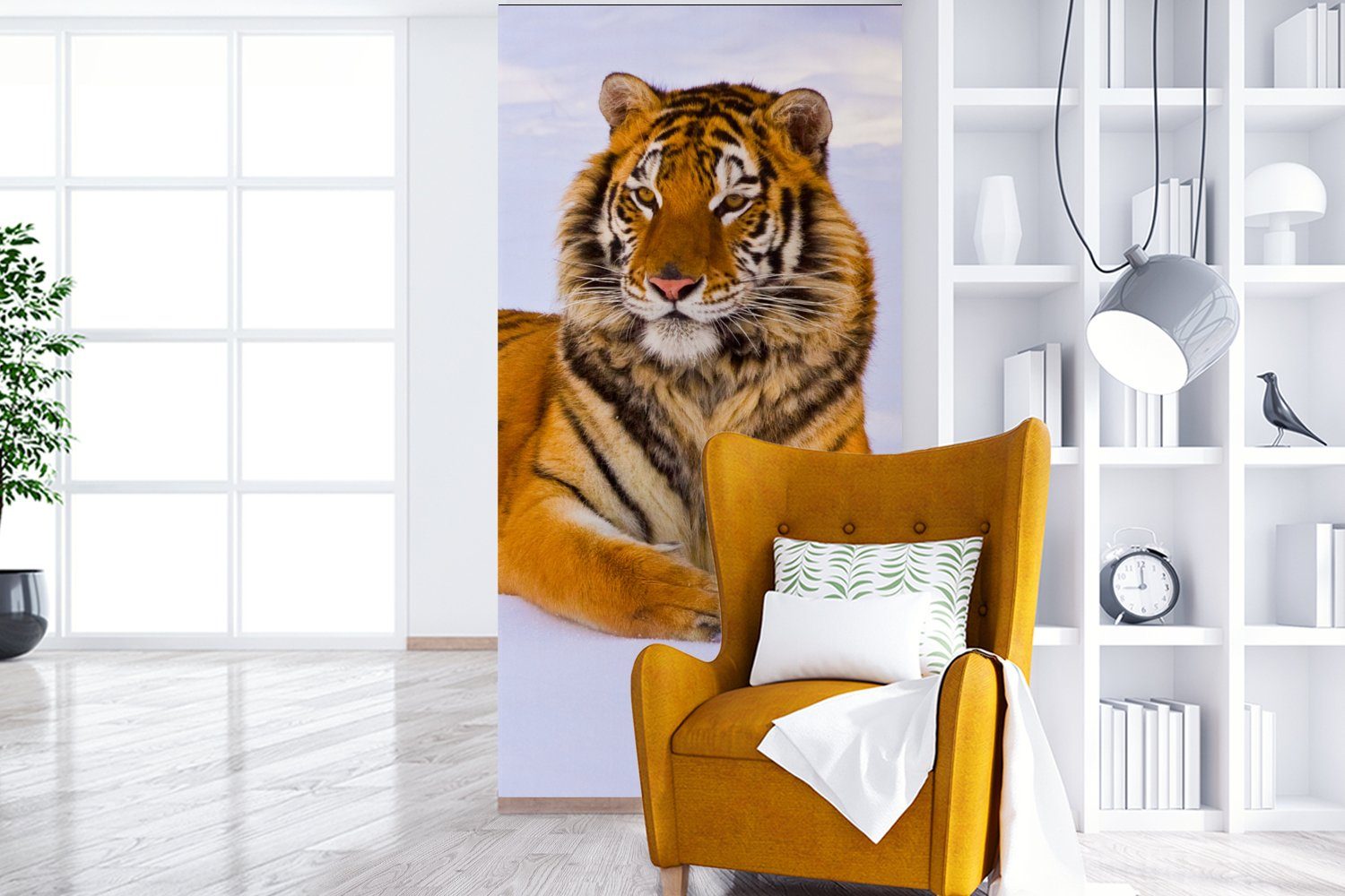 MuchoWow Fototapete Tiger - Schnee Wohnzimmer Winter bedruckt, für Schlafzimmer - (2 Fototapete Vliestapete - Küche, Matt, St), Tiere