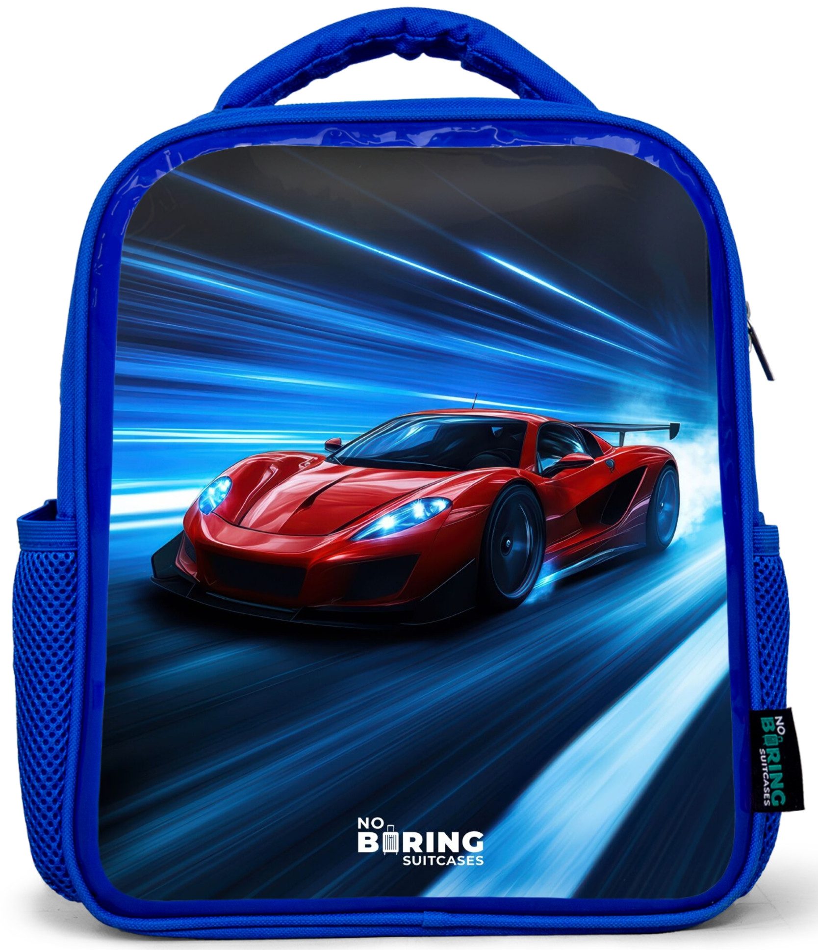NoBoringSuitcases.com© Rucksack Blau - Roter Rennwagen in der digitalen Geschwindigkeitswelt, Kinderrucksack, Schulrucksack, Freizeitrucksack, Jungen, Kindergarten