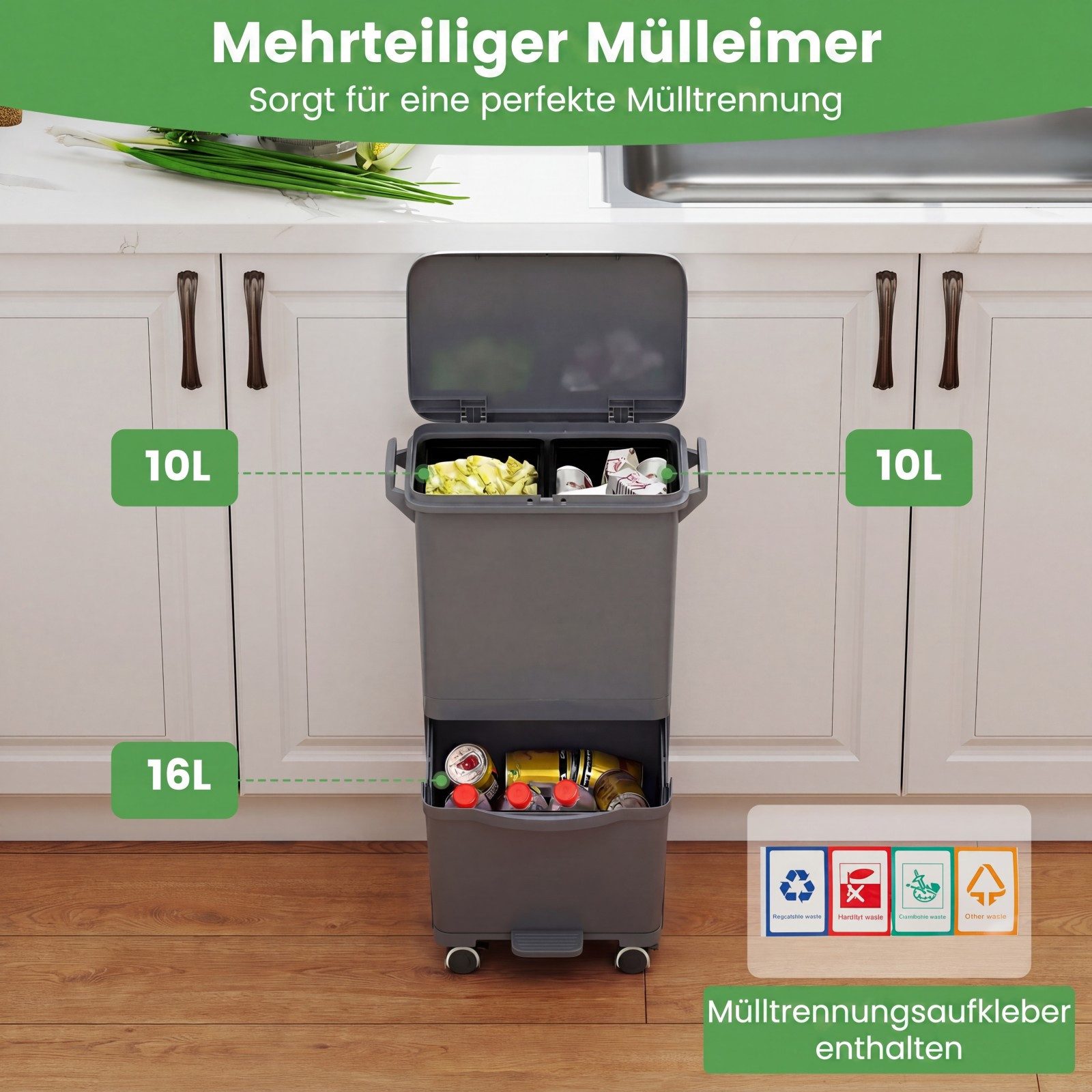 COSTWAY Mülleimer, 3 Fächer, 36L Abfalleimer Küche auf Rollen, mit Aufkleber