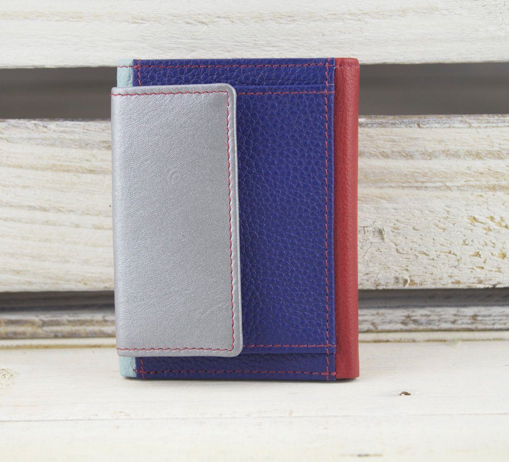Geldbörse Brieftasche, klein recycelten Unisex RFID-Schutz, aus Leder Geldbörse echt mit Portemonnaie Mini blau/silber/rot Mini Sunsa Leder, Geldbeutel Lederresten,