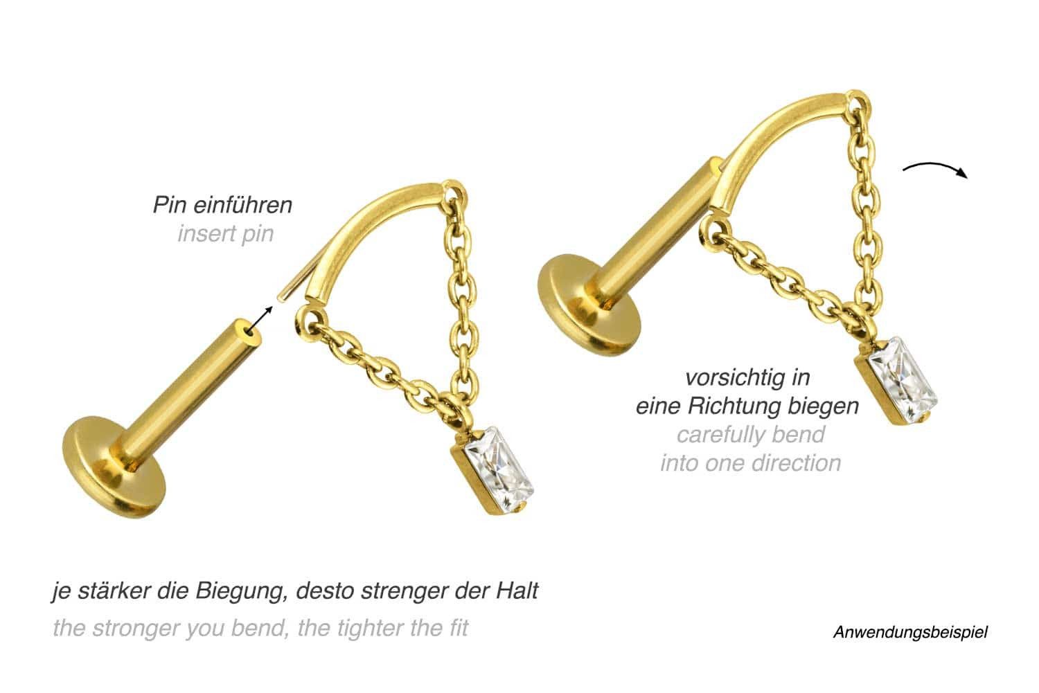 PIERCINGLINE Piercing-Set Titan Labret mit Push Fit BOGEN + KETTE + KRISTALLRECHTECK (Labrets, 1-tlg)