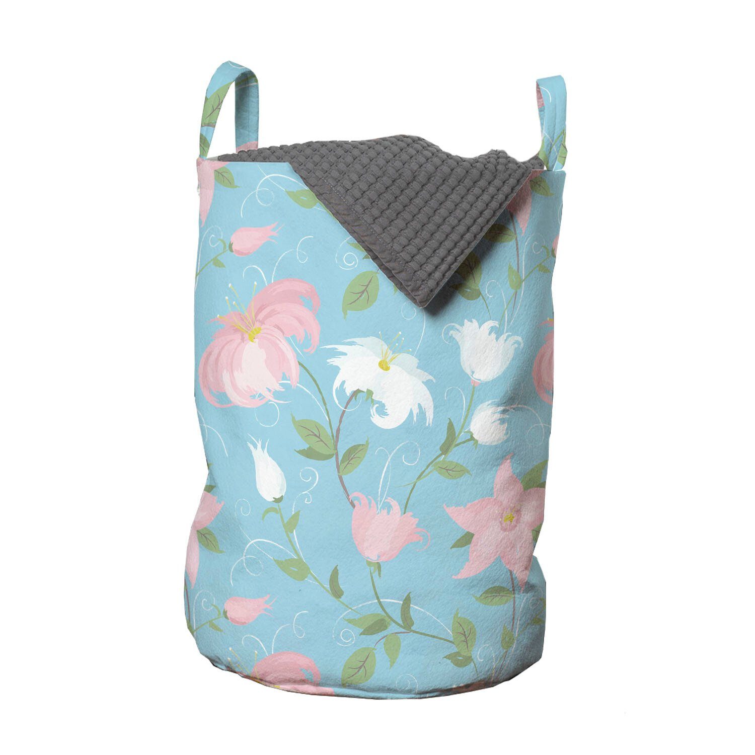Abakuhaus Wäschesäckchen Wäschekorb mit Griffen und Waschsalons, Rosa für Botanisch Blumen Kordelzugverschluss weiße