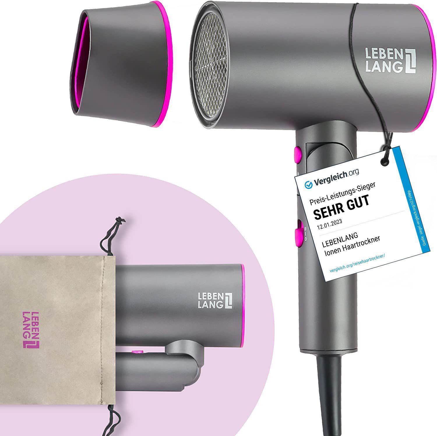 Lebenlang Haartrockner Föhn Ionen - Anti-Spliss mit Kaltluft Modus klappbar klein I Reiseföhn, 2100,00 W, Ionisch Frizzfrei, Präzisionsdüse, Klappgriff, Ultra-leise, 2100W