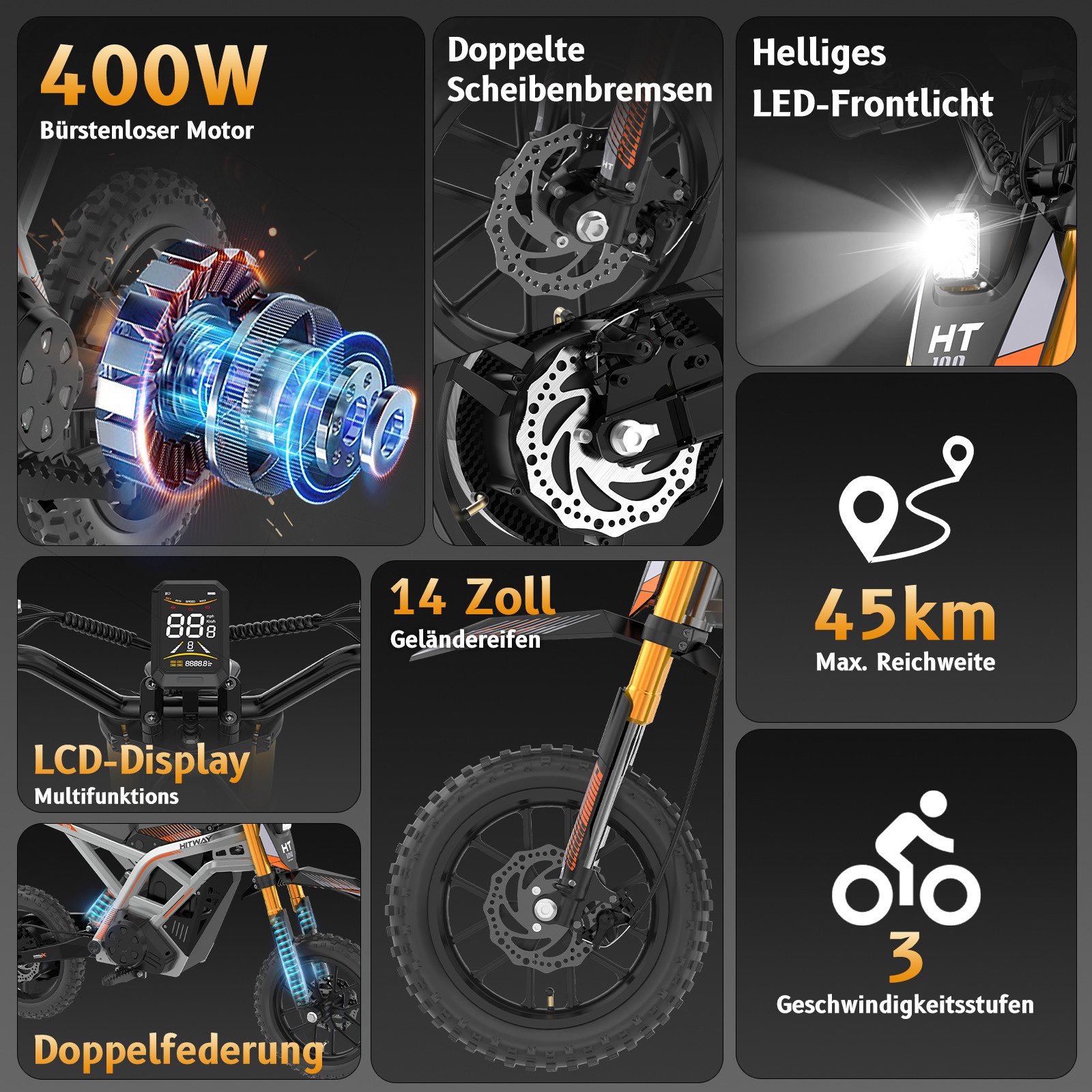 HITWAY Elektro-Kindermotorrad HT100, 36V 10,4Ah, 400W, 10/15/25 km/h, Reichweite 45 km, Belastbarkeit 70 kg, 14" Offroad-Reifen, Doppelbremsen, Doppeldämpfer, Aluminiumrahmen