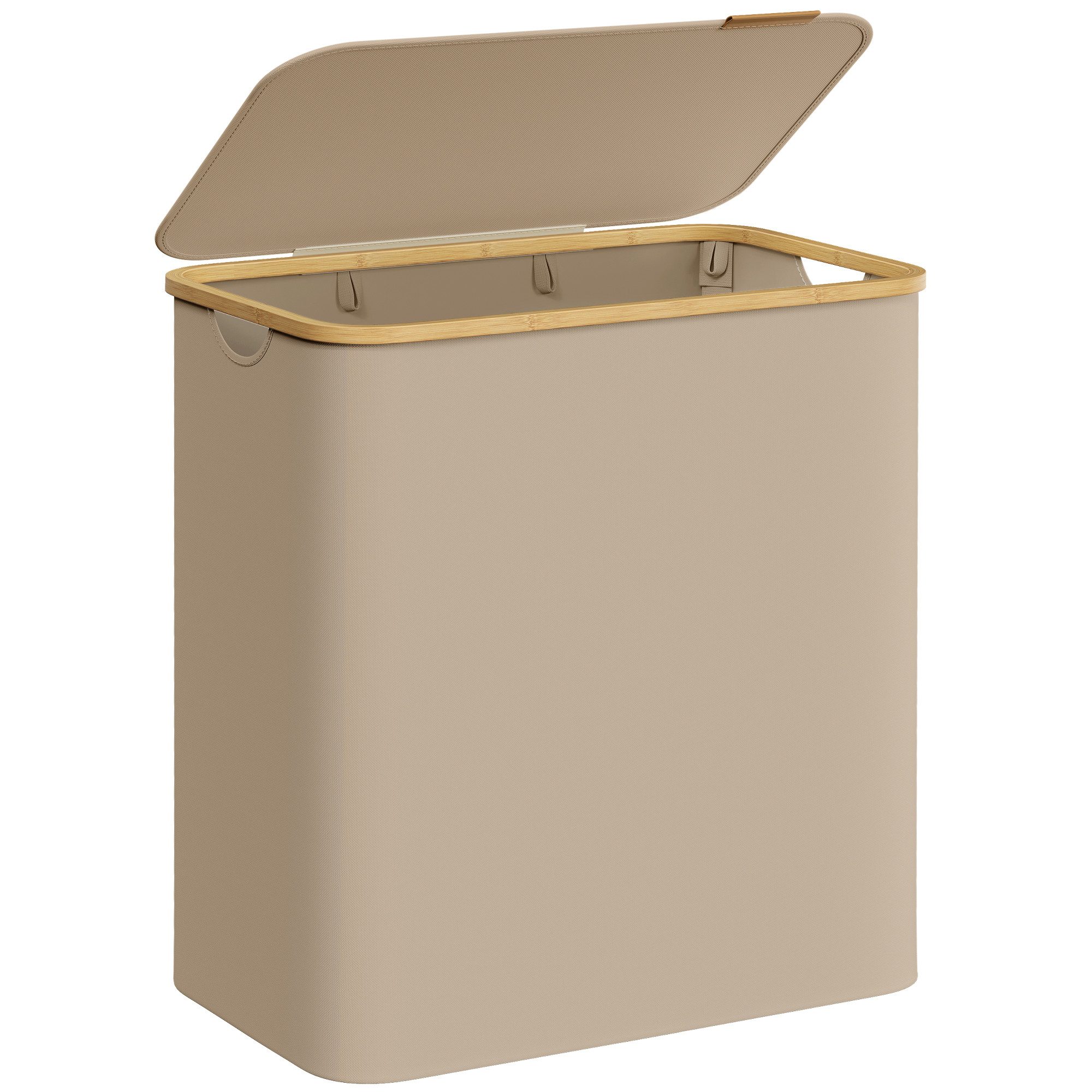 SONGMICS Wäschekorb mit Deckel, herausnehmbarer Einsatz, Bambus‑Rahmen, Oxford‑Gewebe, 150 L, 60 x 38,5 x 70,5 cm, mit Deckel, Griffe aus Bambus