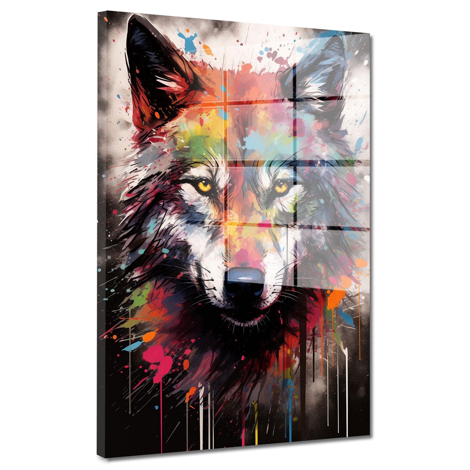 Artedinoi Acrylglasbild Wolf Pop Art abstrakt splatter Acrylglas Wandbild Bild Wanddeko Wohnzi