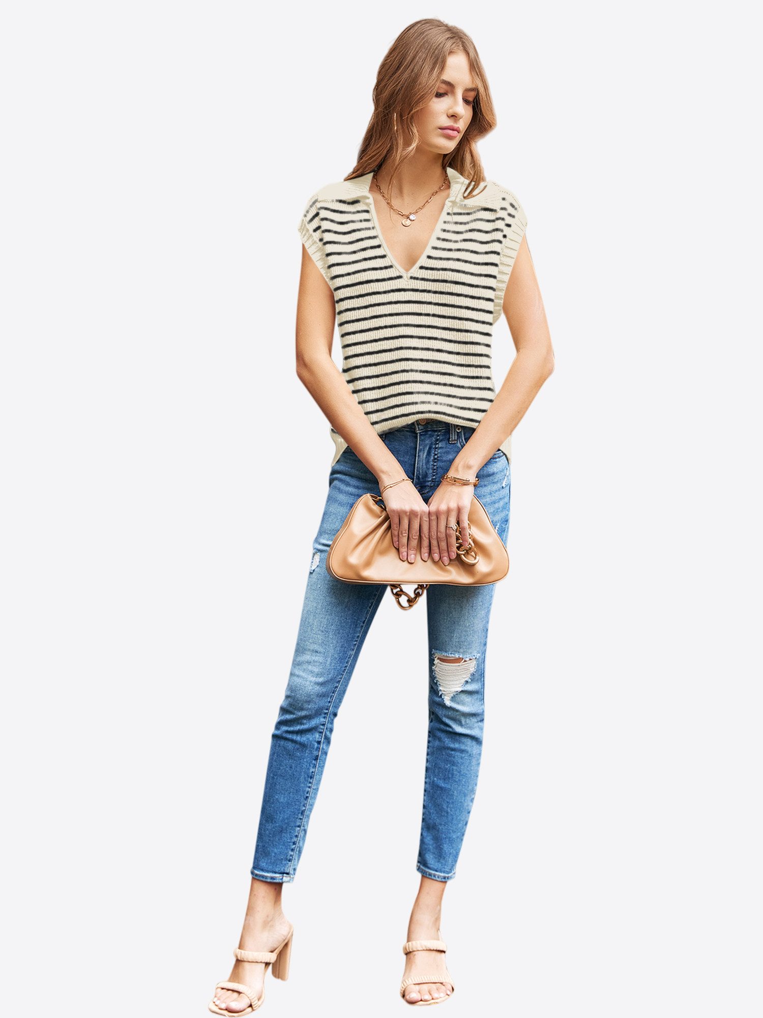 Imily Bela Stricktop Damen Sommer Gestreift Kragen V-Ausschnitt Kurzarm Top (Packung, 1-tlg., 1per-Pack) gehäkelt