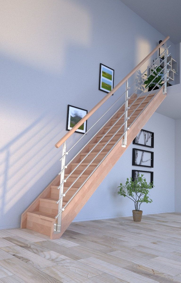Thumbnail - Starwood Raumspartreppe Holztreppe Mykonos Gerade-Buche-Design Geländer Edelstahl-mit