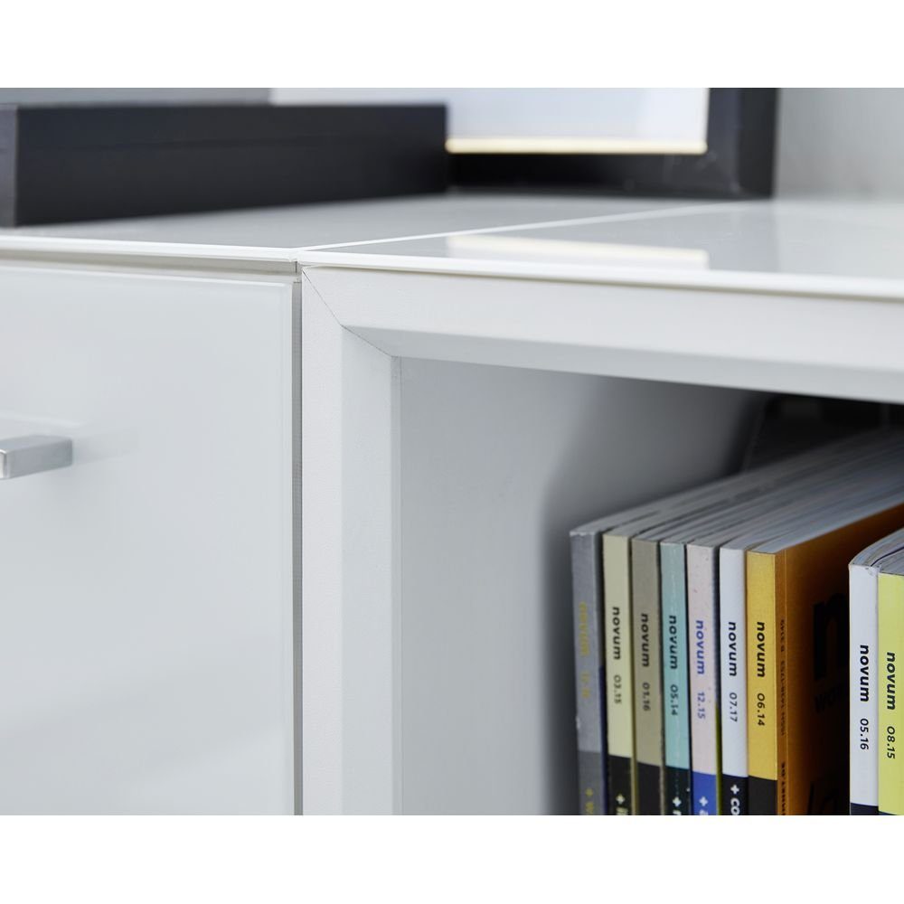 Lomadox Schreibtisch MONTERO-01, weißen Glasfronten komplett 320x196x37cm & Rollcontainer Auflagen und