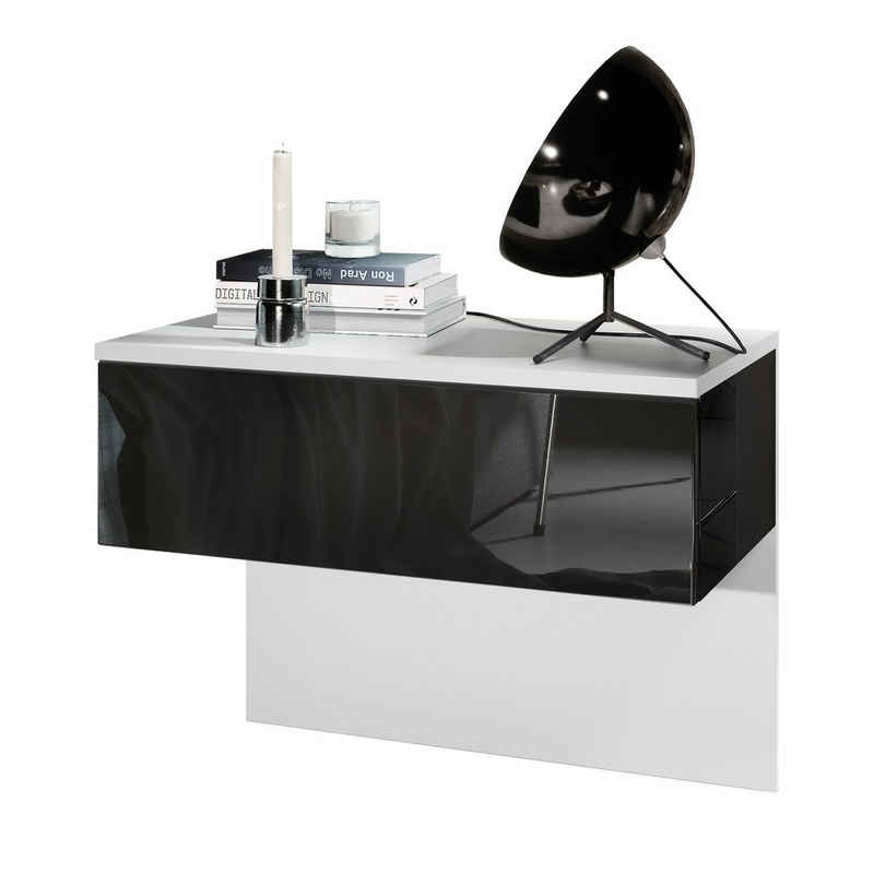 Vladon Nachttisch Sleep (Nachttischschrank, mit Schublade zur Wandmontage), Weiß matt/Schwarz Hochglanz (60 x 46 x 35 cm)