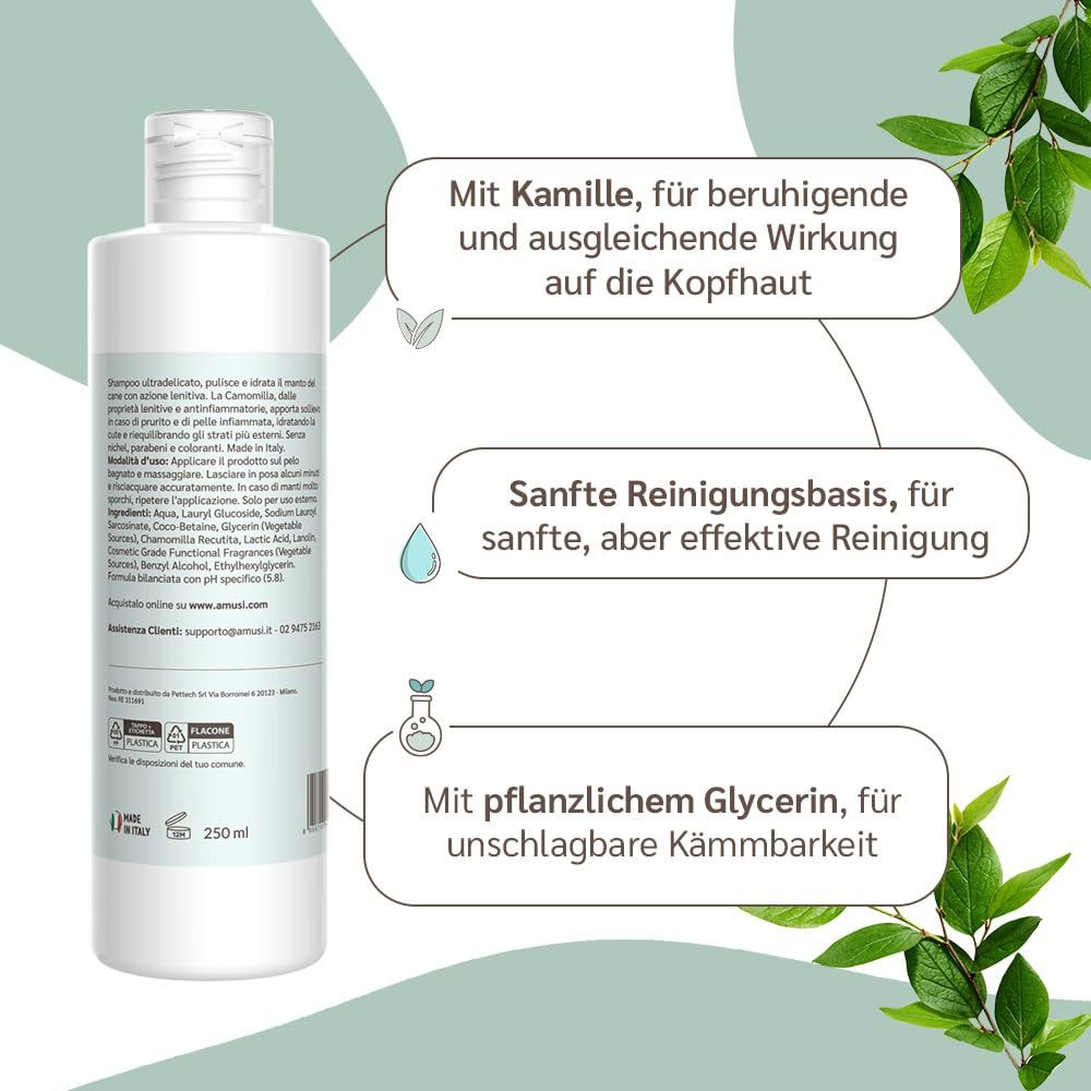 Amusi Tiershampoo Dermatitis-Hundeshampoo sensitiv mit Duft - Hergestellt in Italien, 250 ml, (Hundeshampoo gegen Juckreiz, beruhigende Wirkung für empfindliche Kopfhaut), Ideal für alle Arten von Dermatitis
