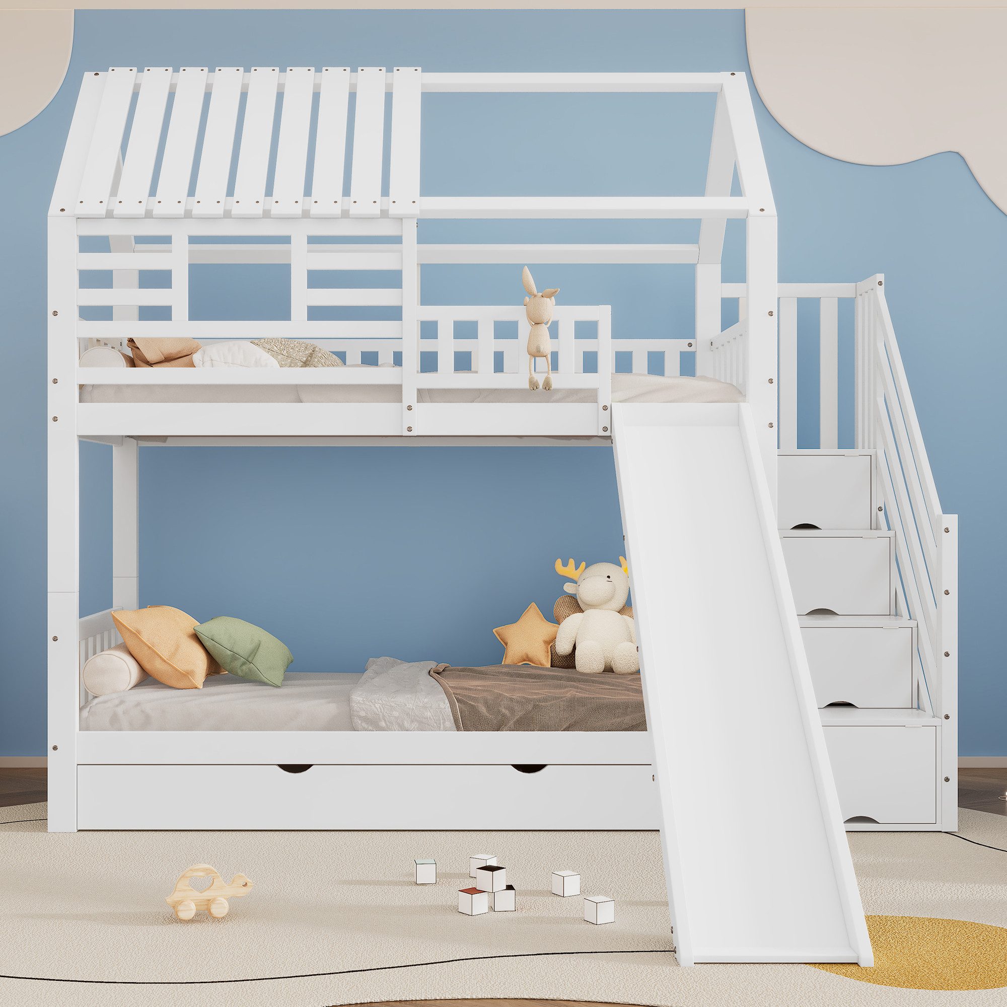 Flieks Etagenbett, Hausbett Kinderbett 90x200cm mit Schublade, Stauraumtrep günstig online kaufen