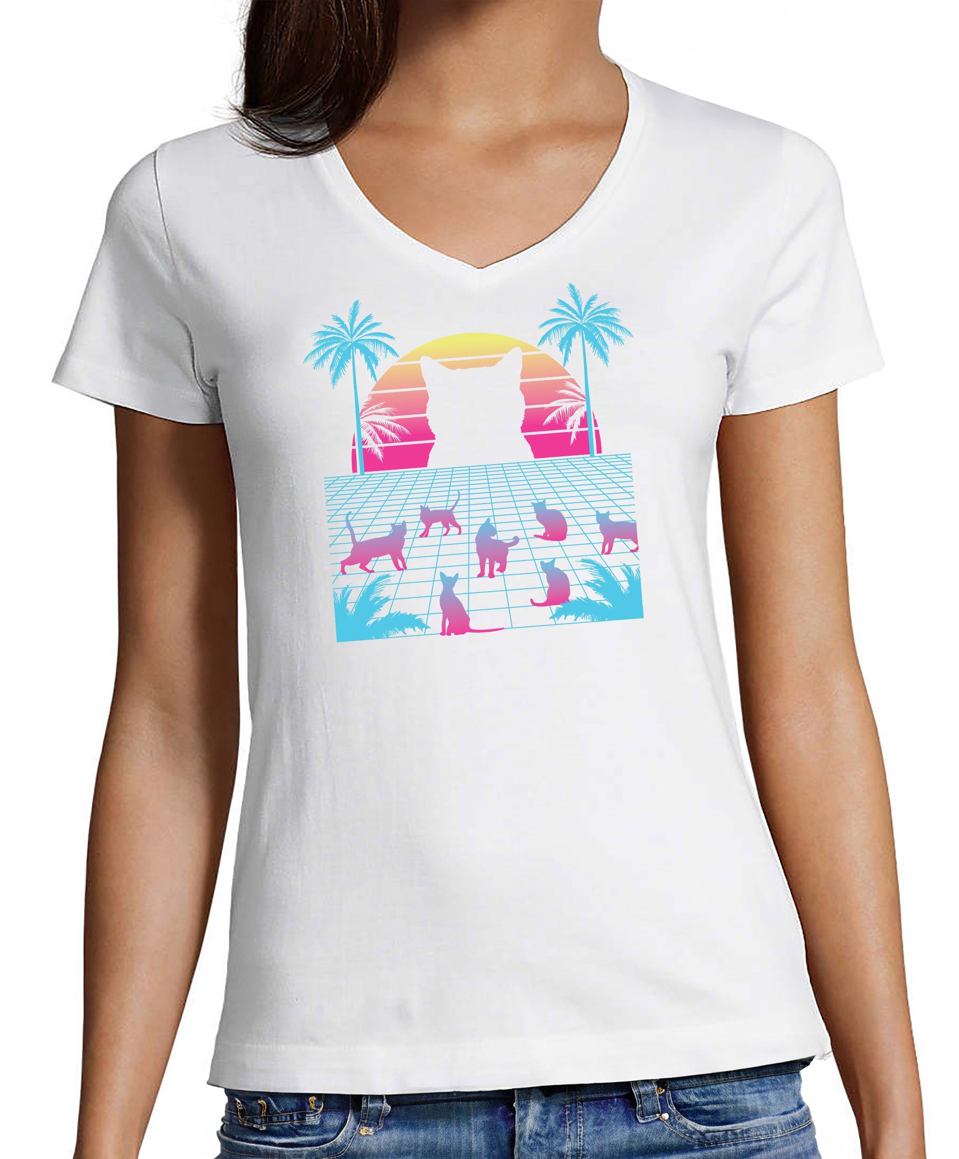 T-Shirt Damen Katzen Print Shirt bedruckt - Katze im bunten Computer Stil