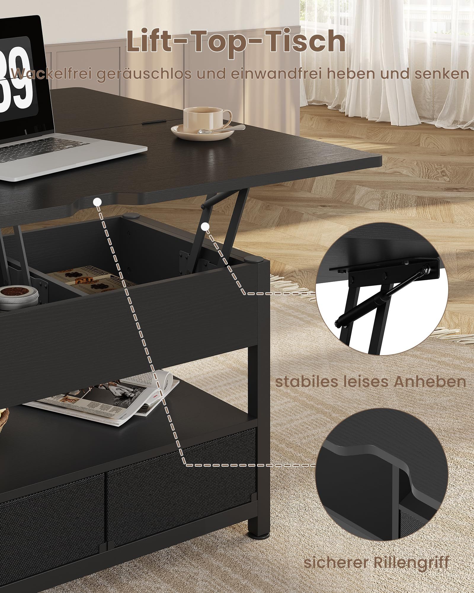 MSMASK Couchtisch 3-in-1-Multifunktions-Wohnzimmertisch mit 2 Schubladen, Kaffeetisch, Versteckte Aufbewahrung, 50T x 100B x 50H cm