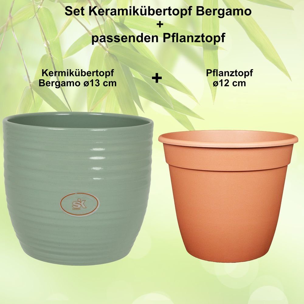 Pflanztopf + Kermikübertopf Set ø12 Heimwerkercenter Übertopf Bergamo - ø13 cm, gletscherblau