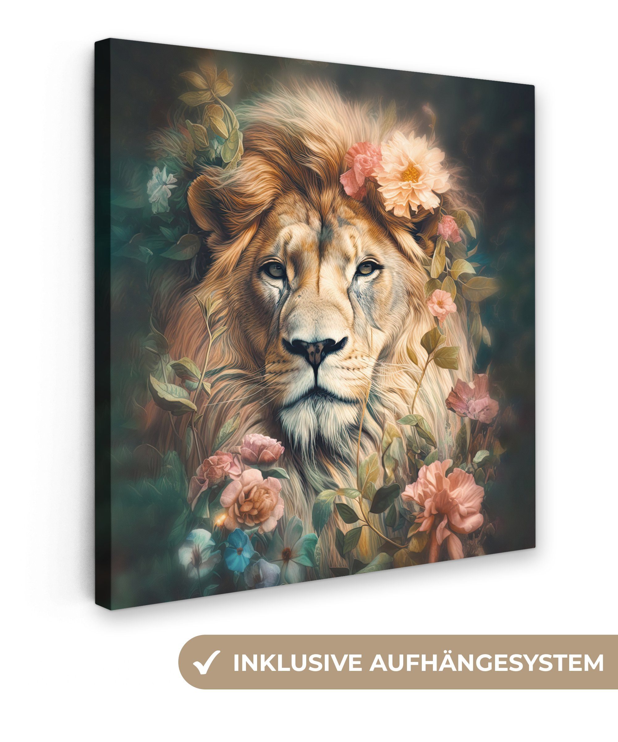 OneMillionCanvasses® Leinwandbild Löwe - Löwenkopf - Wilde Tiere - Blumen, günstig online kaufen