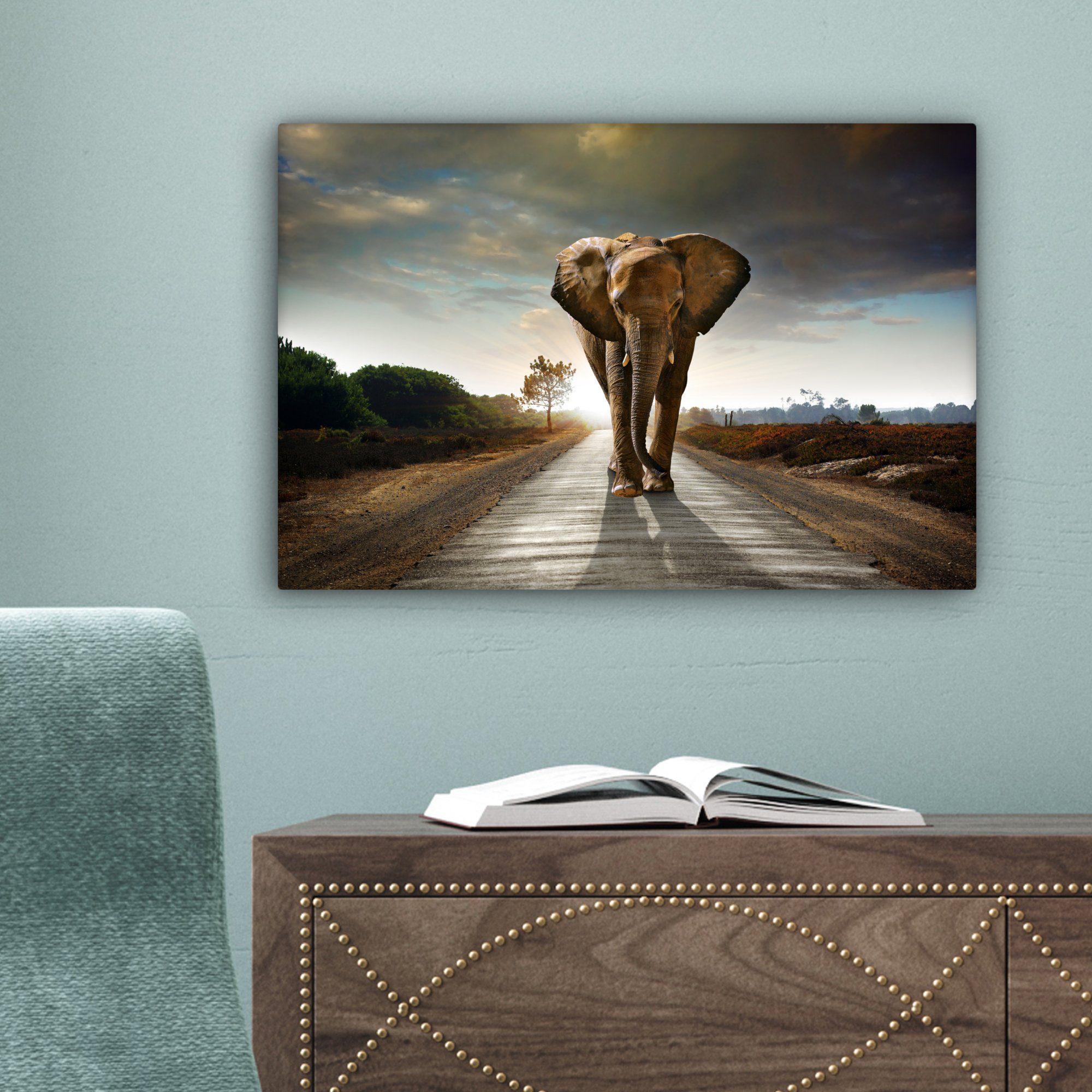 - - Leinwandbilder, Leinwandbild cm (1 Wanddeko, St), Sonnenuntergang Elefant Tiere Sonnenuntergang Straße - - - 30x20 Landschaft, OneMillionCanvasses® Aufhängefertig, Wandbild Elefant