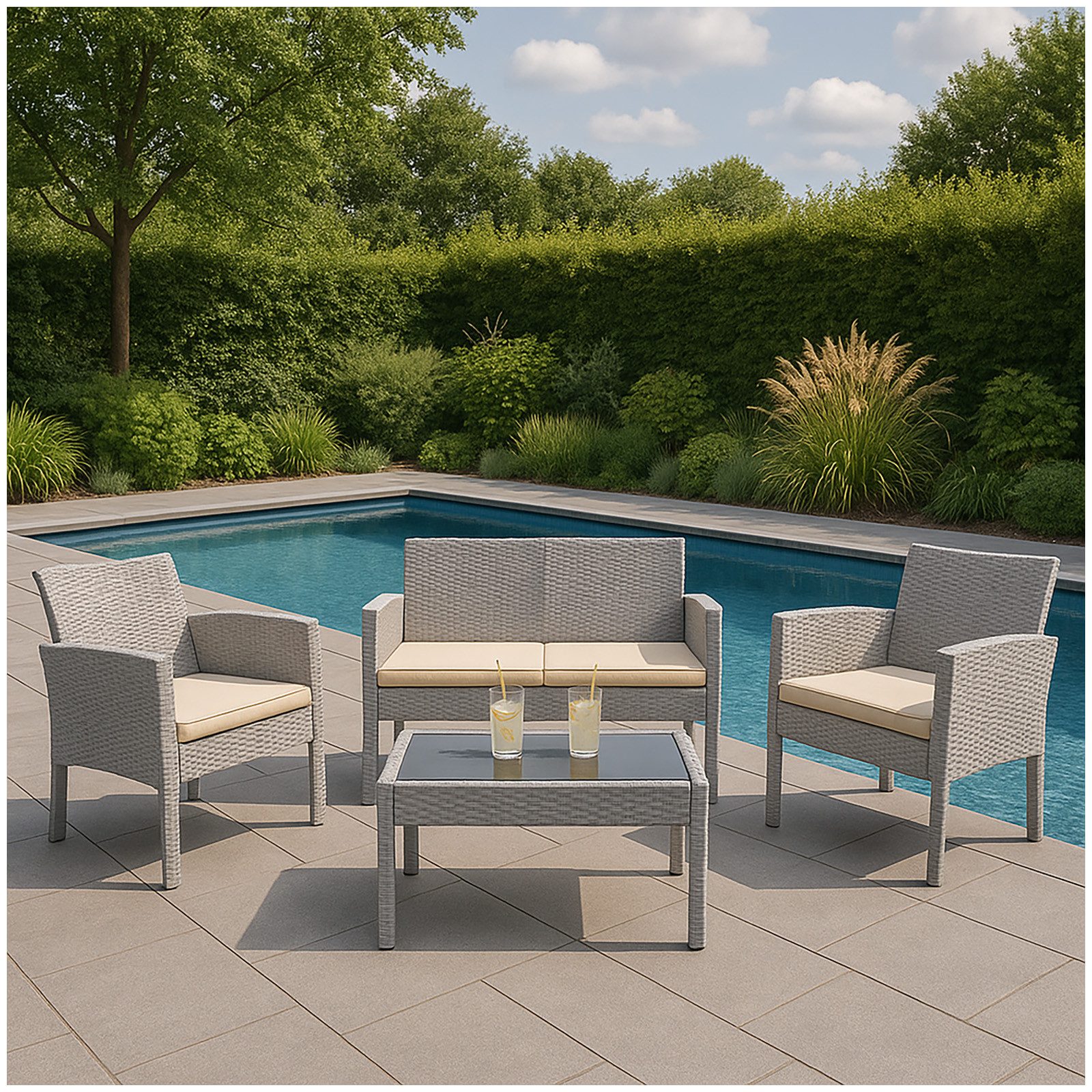 HTI-Living Gartenlounge-Set 4-teiliges Polyrattan Lounge-Set mit Tisch, (Set, 4-tlg., 1x Zweisitzer, 2x Stuhl, 1x Tisch), Terrassenmöbel Loungemöbel Outdoor Möbel