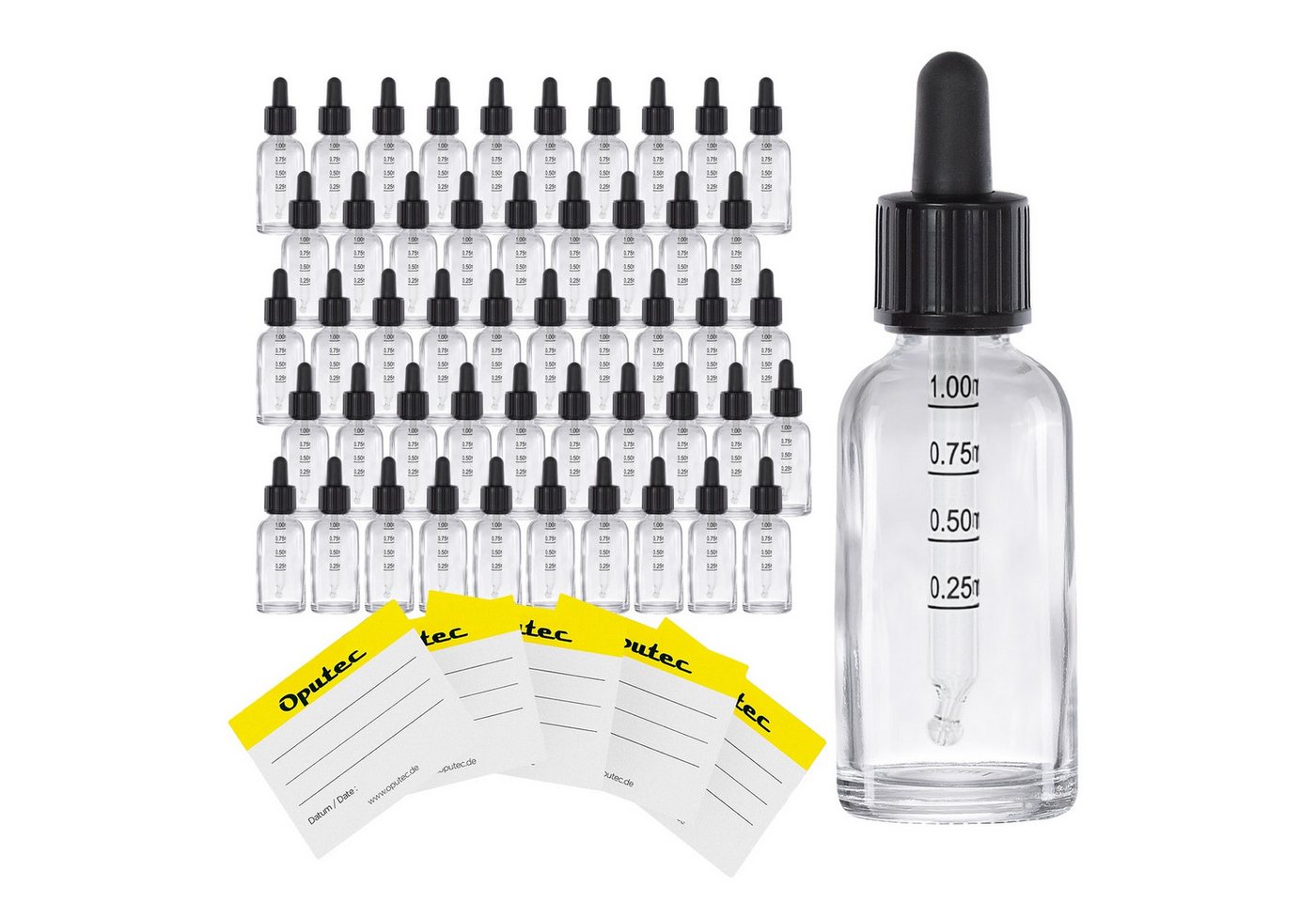 Oputec Pipettenflasche 50 x 30ml Klarglas Pipettenflaschen - Pipette mit Skala kindersicher (Sparset, 50 St., 50x 30ml), Made in Germany