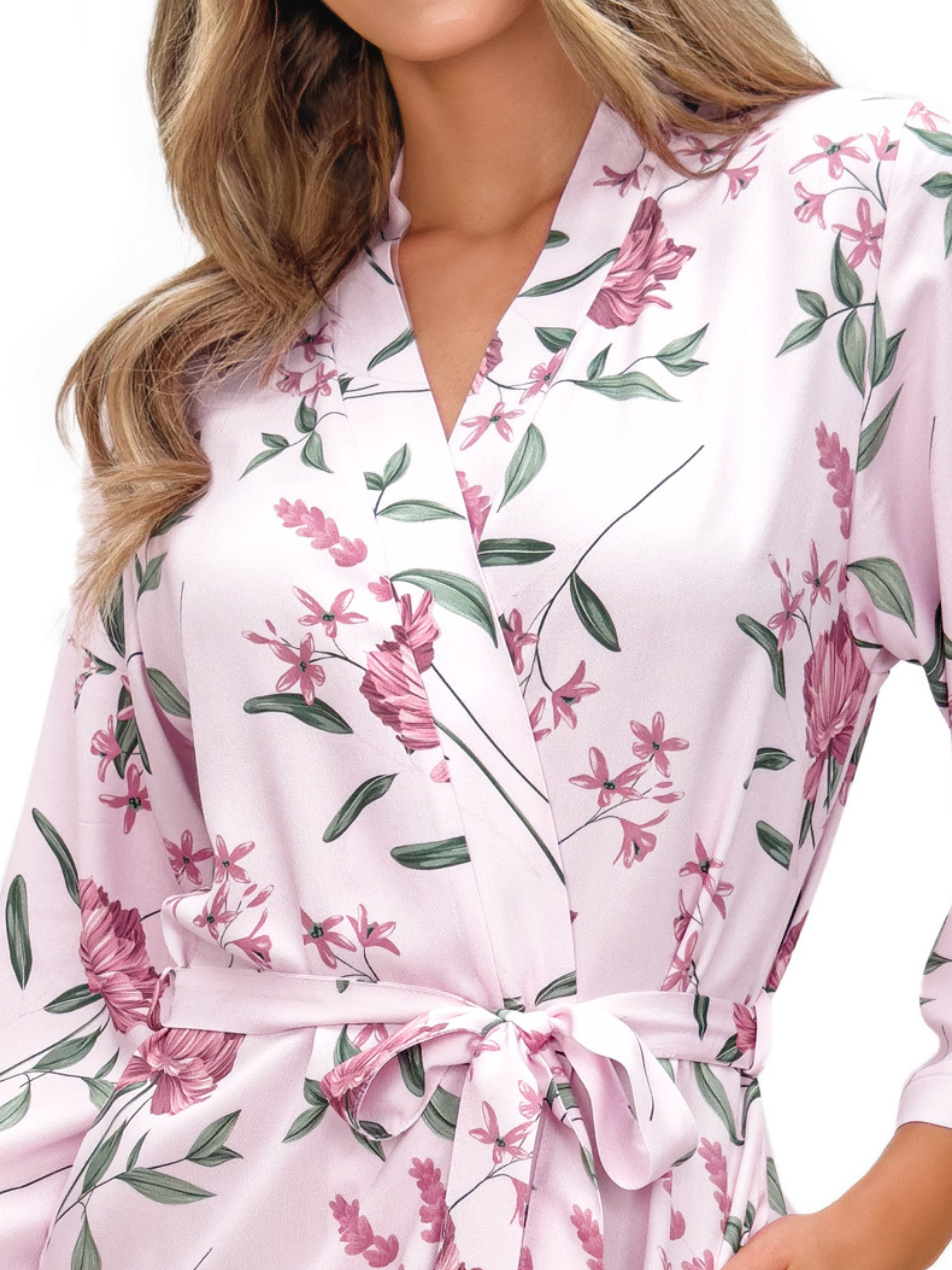 Donna Morgenmantel Damen Kimono lang mit Blumenprint, Viskose, Schalkragen, Bindegürtel, Eleganter Viskose-Morgenmantel mit Gürtel & Taschen, ca. 130 cm – Bild 5 von 5