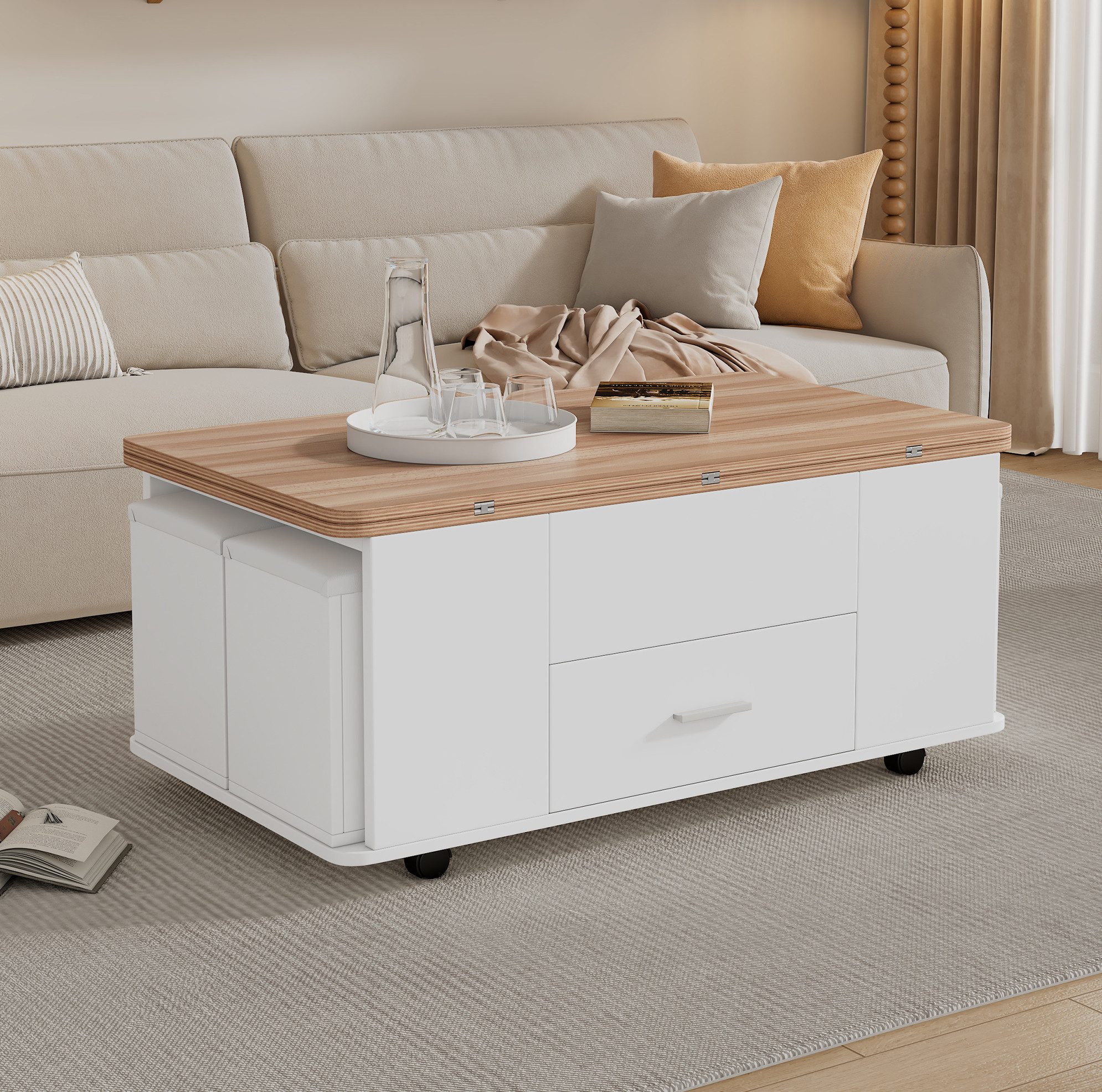 REDOM Couchtisch Design-Tisch – 4-in-1, höhenverstellbar & 4 Hocker (Packung, 1-St., Weiß+Natur, 100×45×50 cm, für moderne Räume), ausziehbar, Rollen, versteckter Stauraum