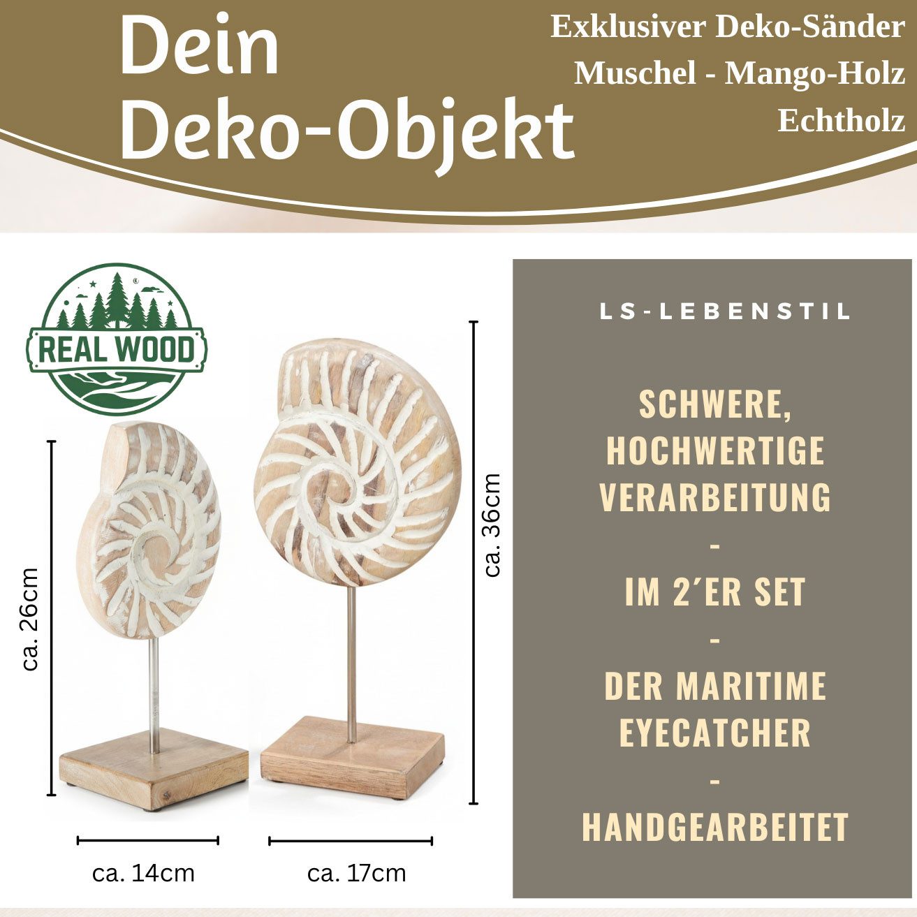 LS-LebenStil Skulptur Deko Objekt Set 2 Muscheln Sylt Mango Holz Sockel Maritim 26/32cm (Aufsteller Muschel 26/32cm zum Hinstellen Shabby Grau Weiß Skulptur Figur Säule, Maritime Deko Meer Strand Nordsee Bad Wohnzimmer)