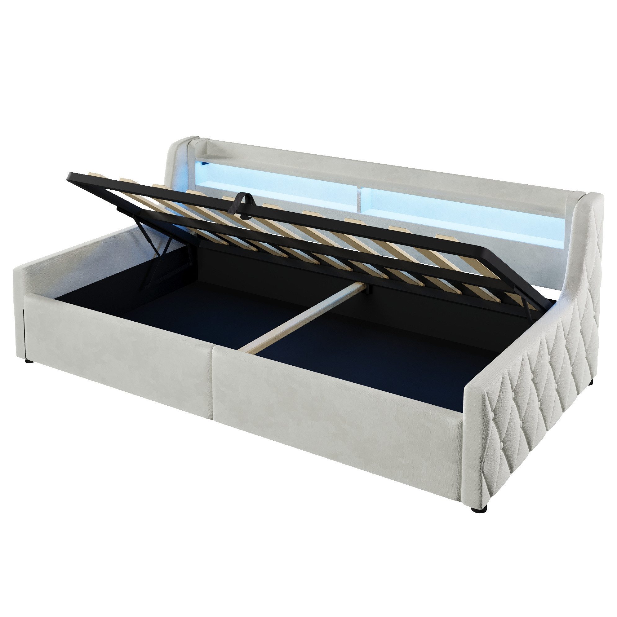 REDOM Schlafsofa Modernes Einzelbett, aus Flanell und MDF mit LED-Beleuchtung und großem Bettkasten