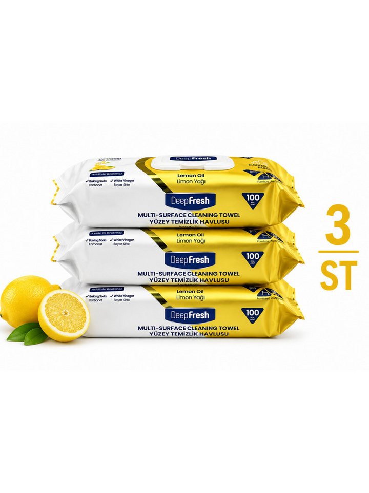 DeepFresh Multi-Surface Cleaning Towels Feuchte Reinigungstücher für Oberflächen Reinigungstuch (Lemon, 3-tlg., 1 Packung mit 100 Multi-Surface Reinigungstüchern, Streifenfreie Reinigung Vegan Animal Test Free Mit Baking Soda)