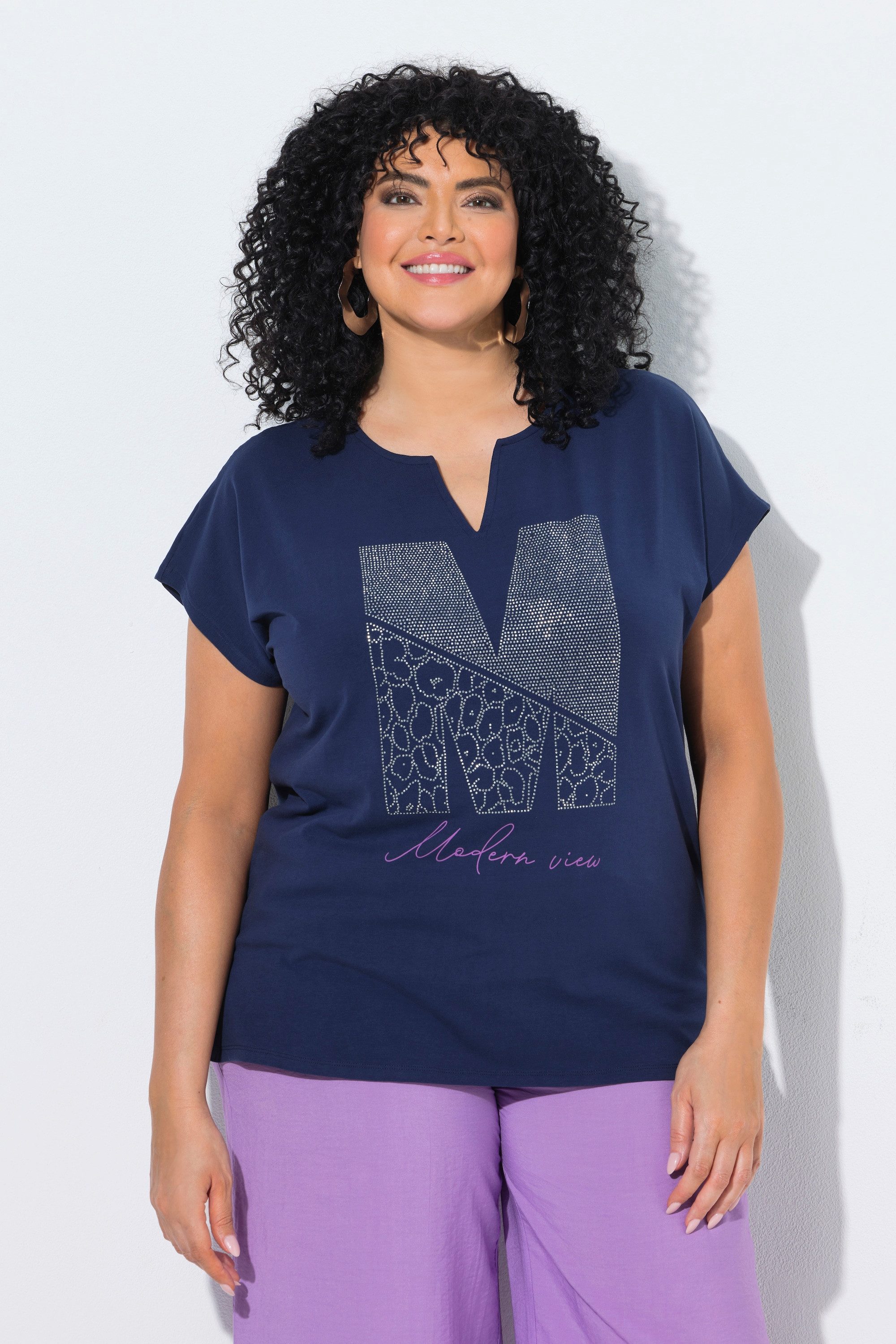 Ulla Popken T-Shirt T-Shirt Ziersteine Oversized Tunika-Ausschnitt