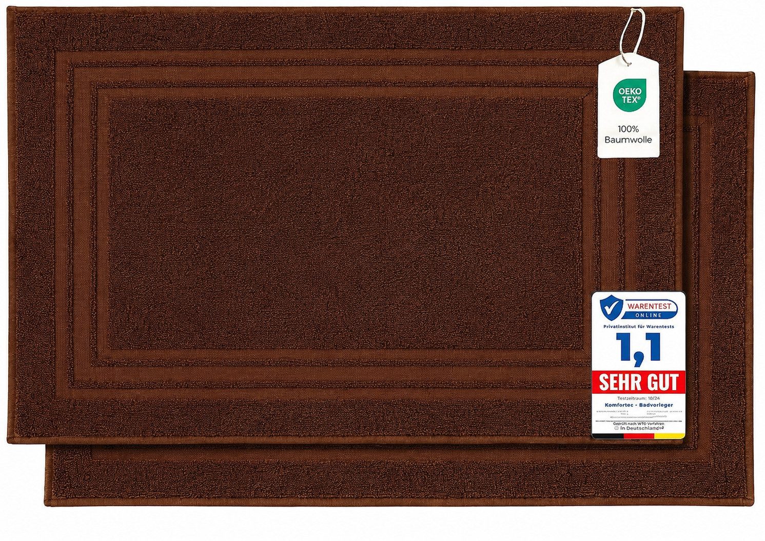Komfortec Badematte Badvorleger aus 100% Baumwolle, 50x70 cm Duschvorleger, Waschbar Duschmatte, Frottee, Rechteckig, 600 g/m², 2er Set, Saugfähig & Schnelltrocknend