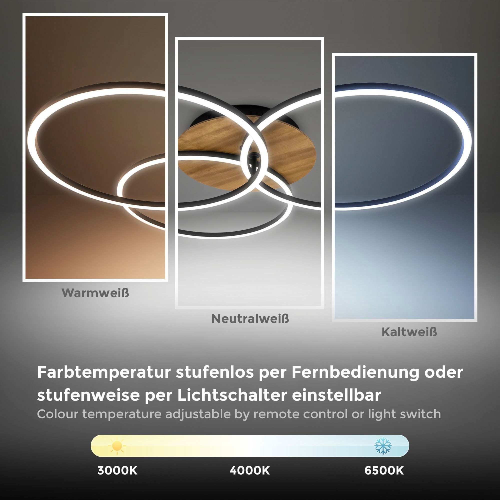 BK_FR1528 kaltweiß, fest integriert, Farbtemperatursteuerung, 4.400Lm Deckenleuchte Holz-Element, Watt, LED Memoryfunktion, Schwenkbar, CCT - Dimmbar, über LED-Deckenlampe, B.K.Licht warmweiß Fernbedienung, - LED 40 3.000-6.500K,