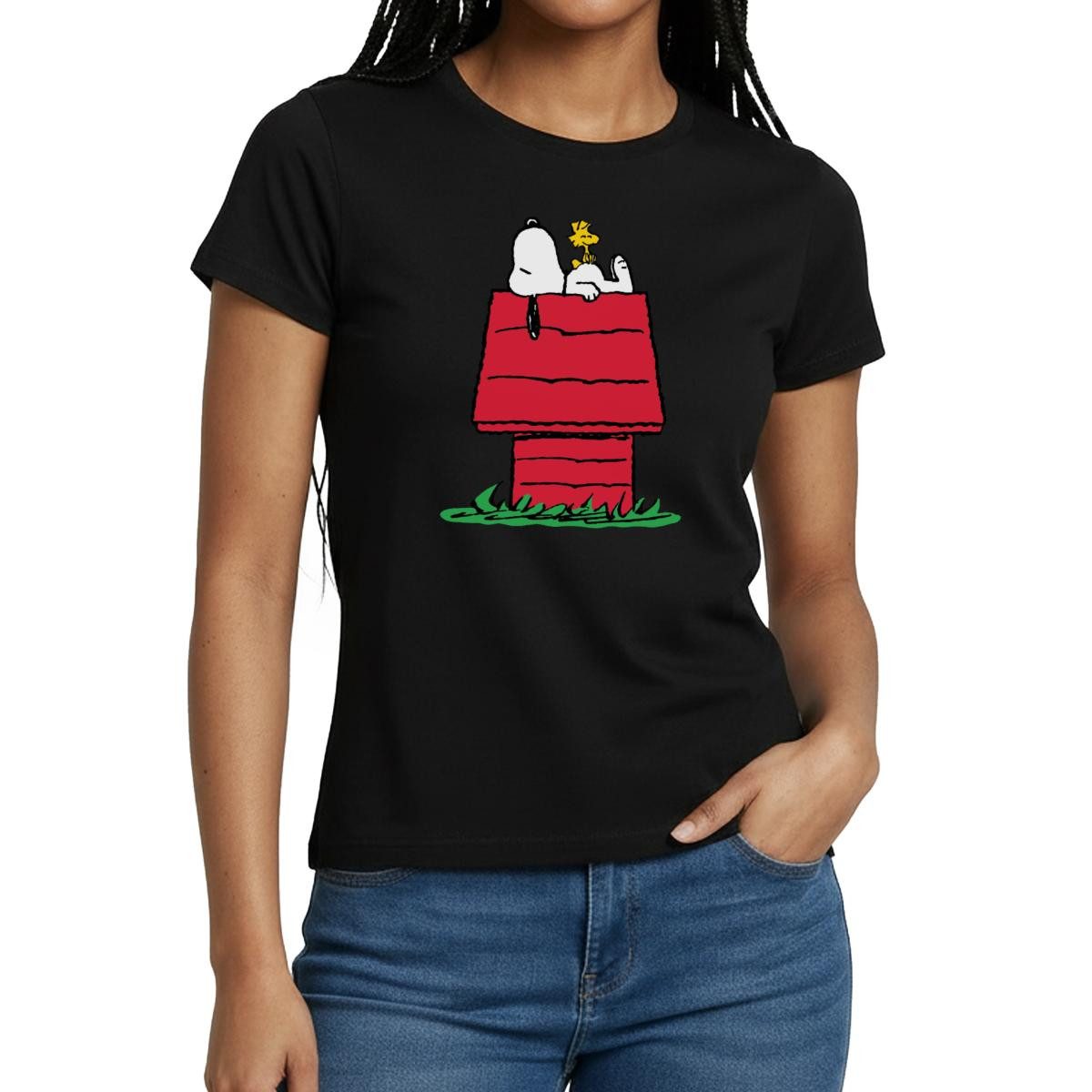 Spreadshirt T-Shirt Peanuts Snoopy Und Die Hundehütte Frauen T-Shirt (1-tlg)