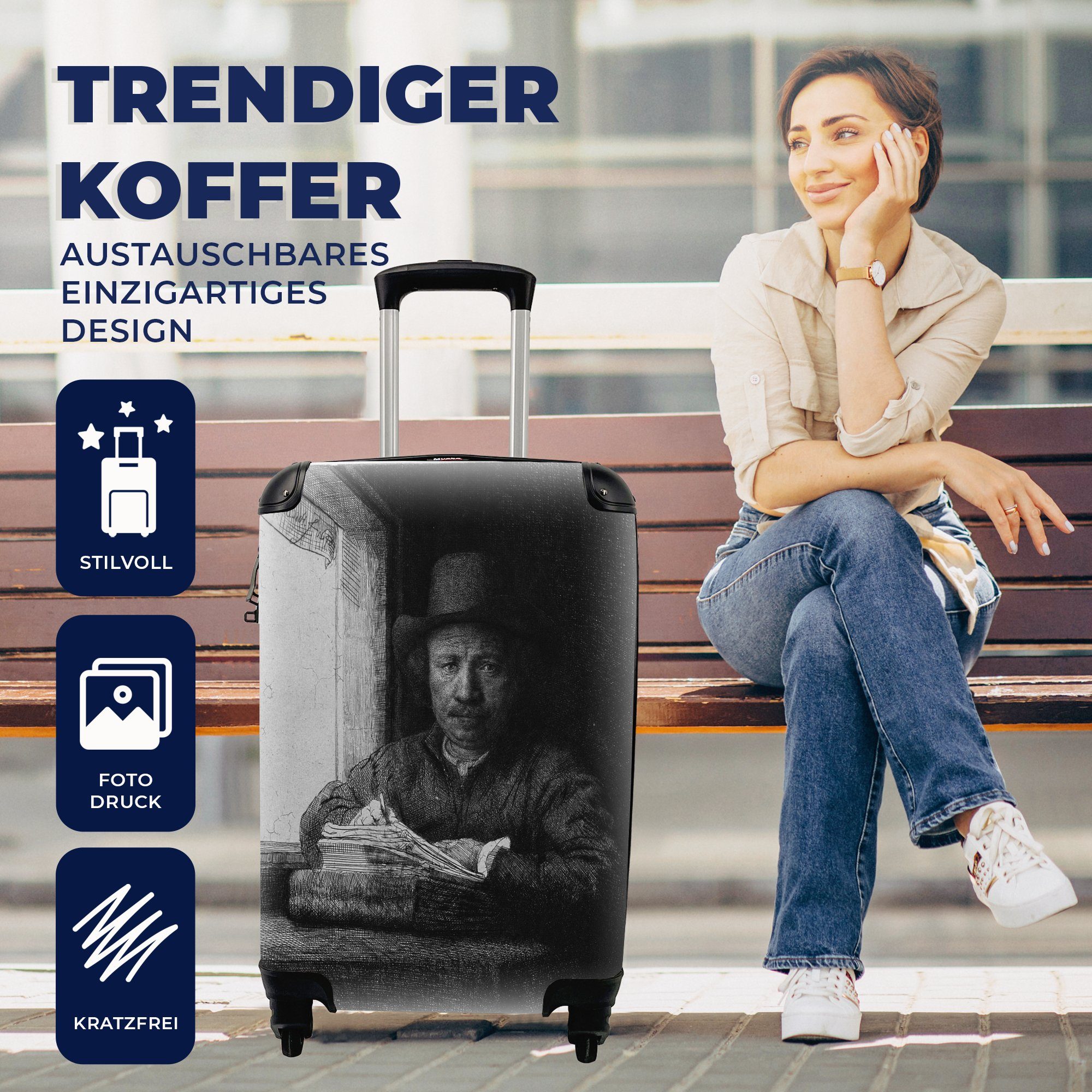 Ferien, MuchoWow - rollen, Rollen, der Handgepäckkoffer Handgepäck 4 van Reisekoffer Reisetasche Trolley, Rijn, geätzt Rembrandt Fensters Nähe in für eines mit Selbstbildnis