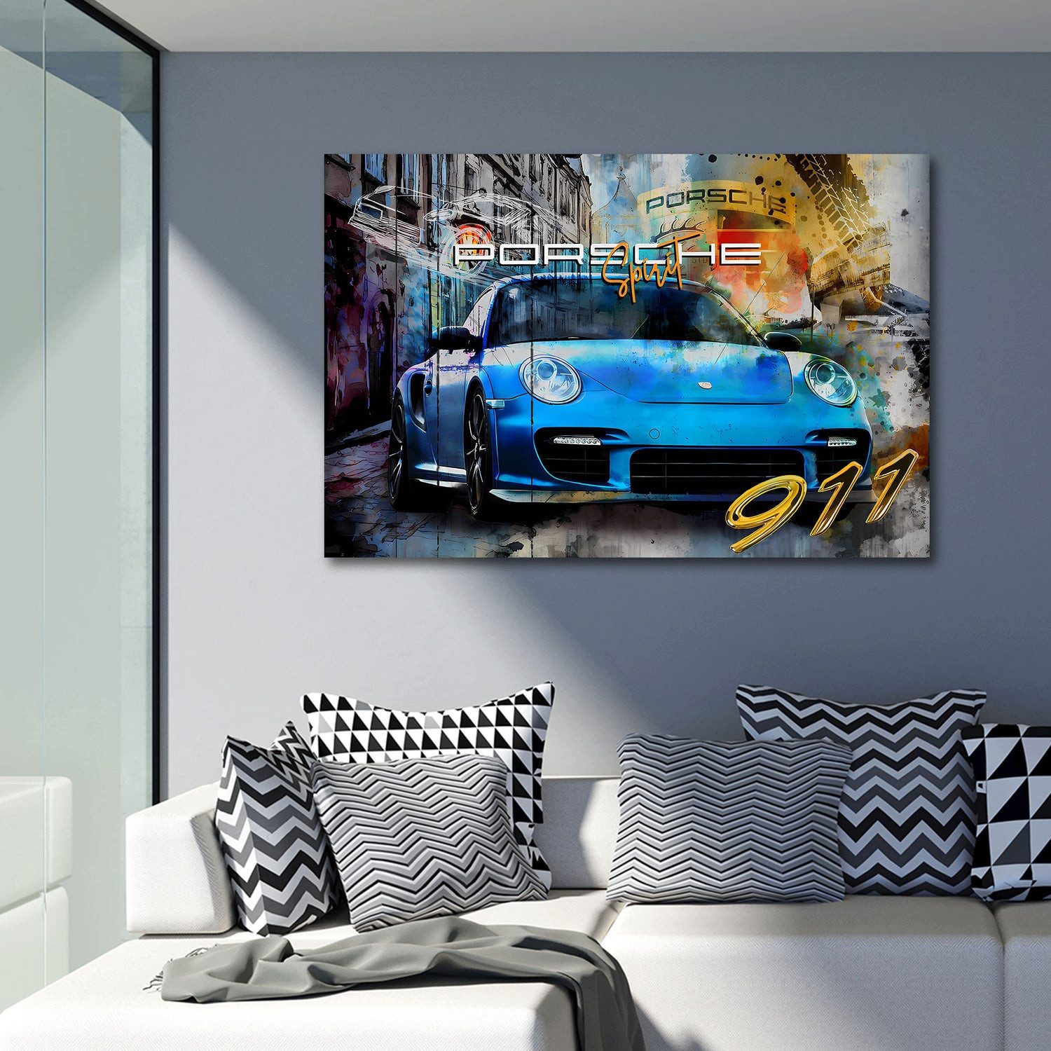 Artedinoi Leinwandbild Blauer Sportwagen Pop Art Wandbild Leinwandbild Kunstdruck XL Wanddeko, Blauer Sportwagen