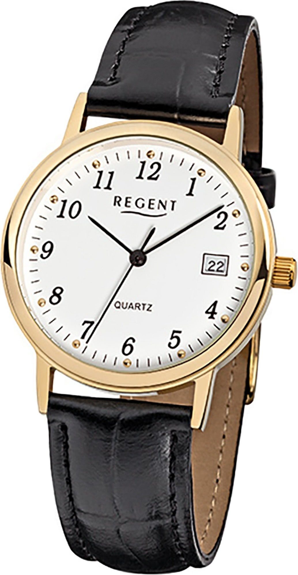 Regent Quarzuhr Regent Leder Herren rundes F-790 Lederarmband 34mm) Herrenuhr schwarz, Quarzuhr, mittel Uhr Gehäuse, (ca