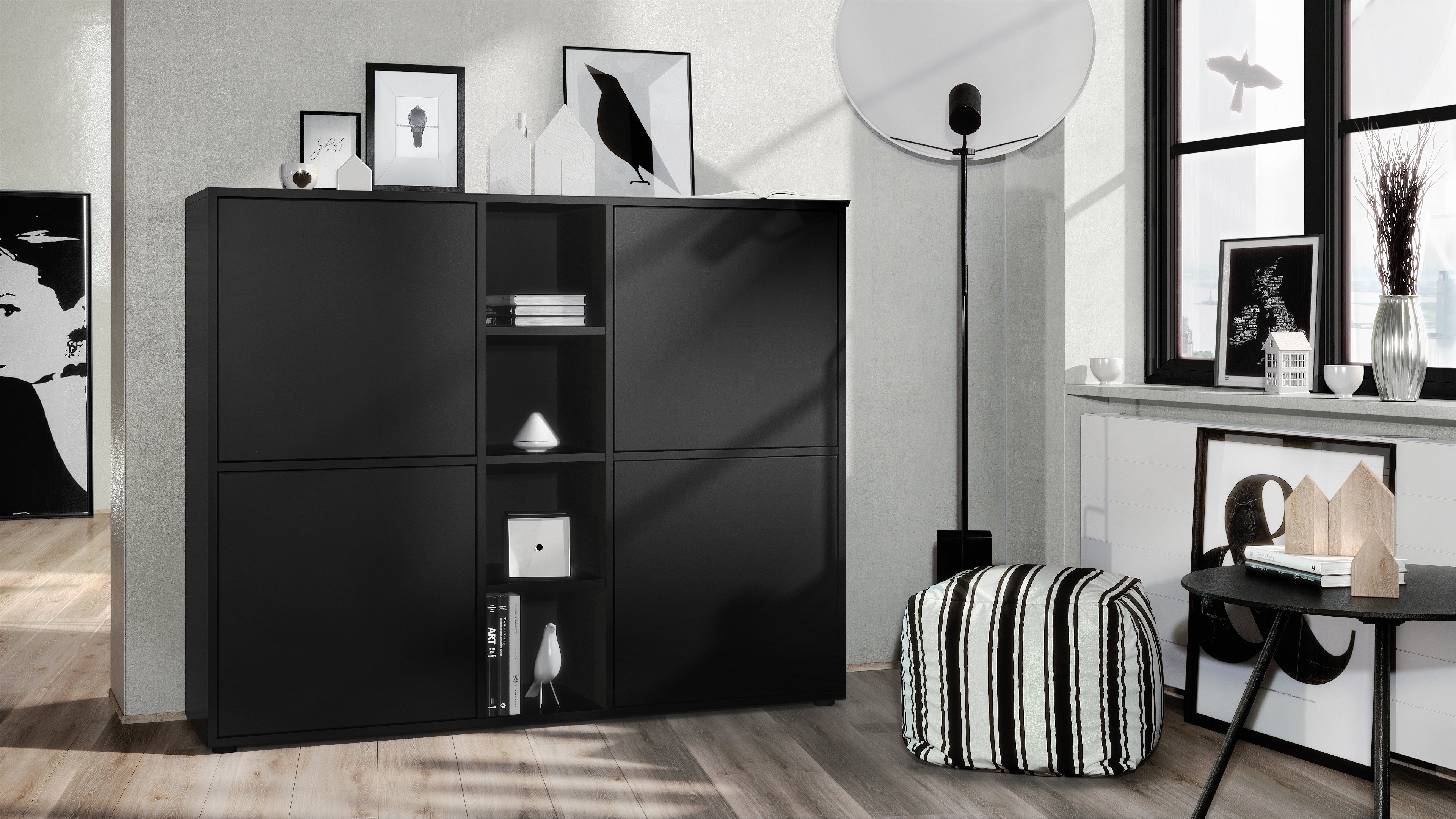 Vladon Highboard Cuba V3 (Highboard, Schrank Anrichte Cuba V3 mit 12 Fächern), Korpus in Schwarz matt / Fronten in Schwarz matt (130,5x105,5x35,5 cm)