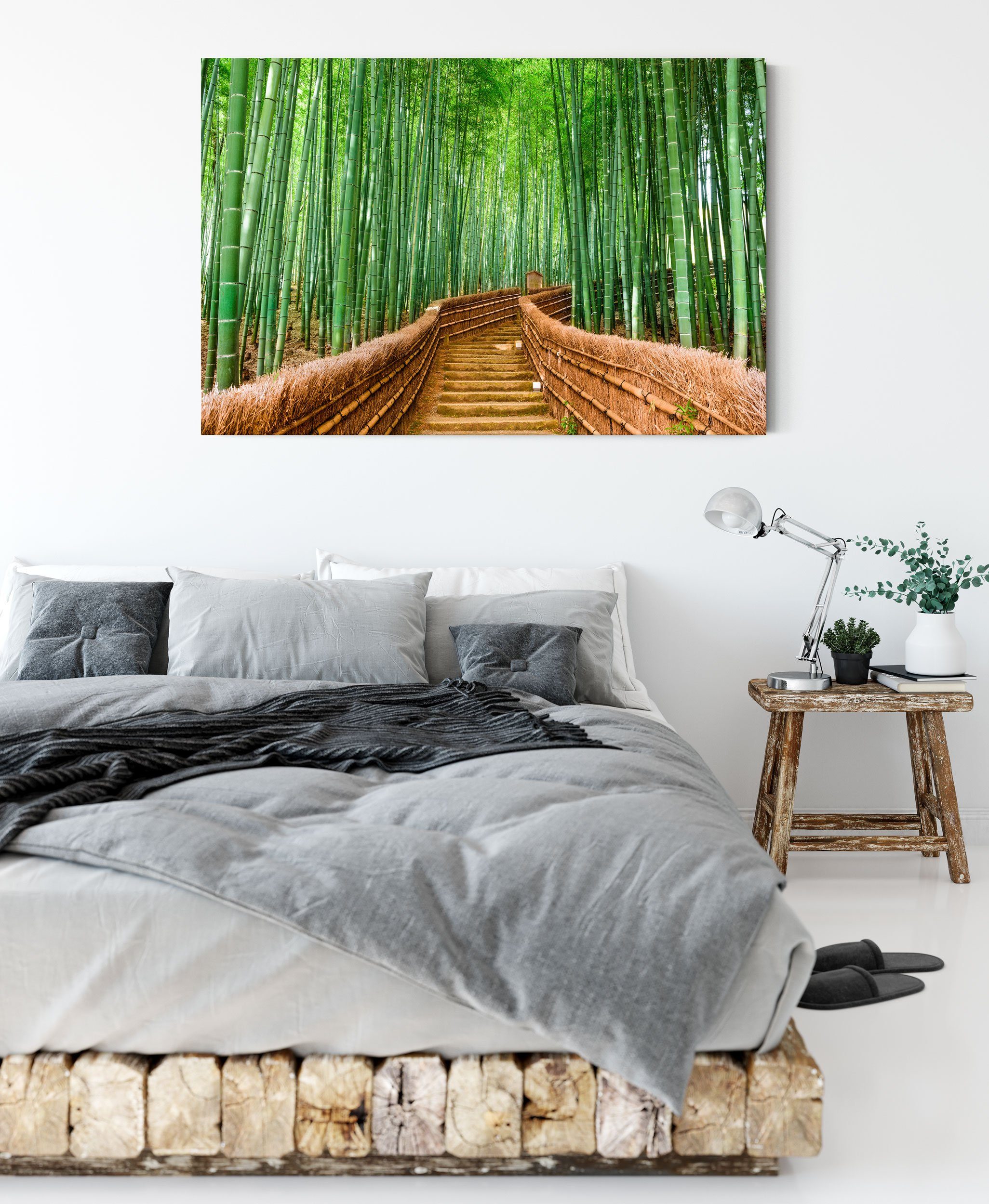 Zackenaufhänger inkl. Japan Kyoto Bambuswald, St), Bambuswald fertig (1 Japan Kyoto bespannt, Pixxprint Leinwandbild Leinwandbild