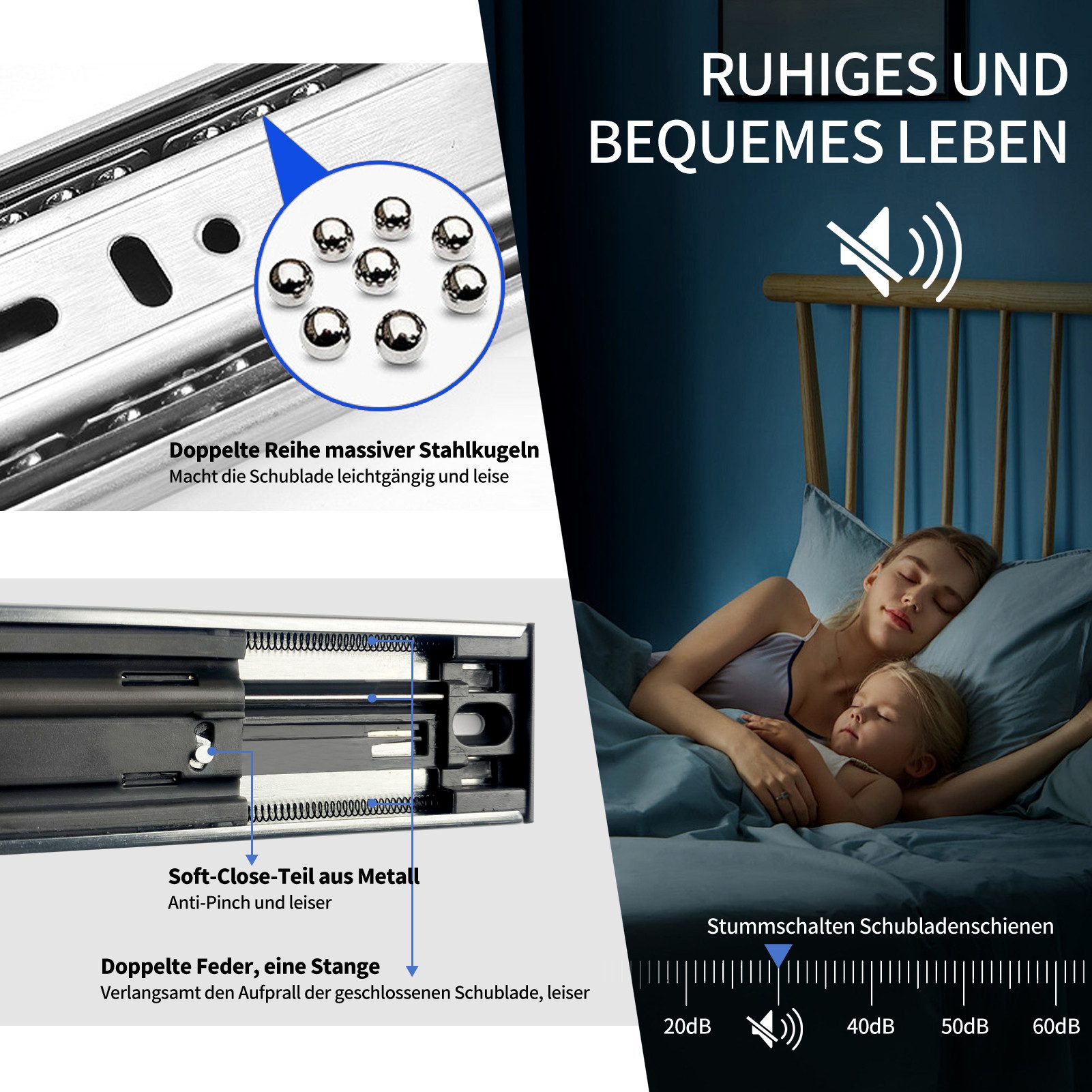 Wayne Hardware Auszug Softclose Schubladenauszug Vollauszug Schubladen Schubladenschienen (mit Selbsteinzug & Dämpfung (Softclose), belastbar bis 45kg, Präzisio – Bild 3 von 5