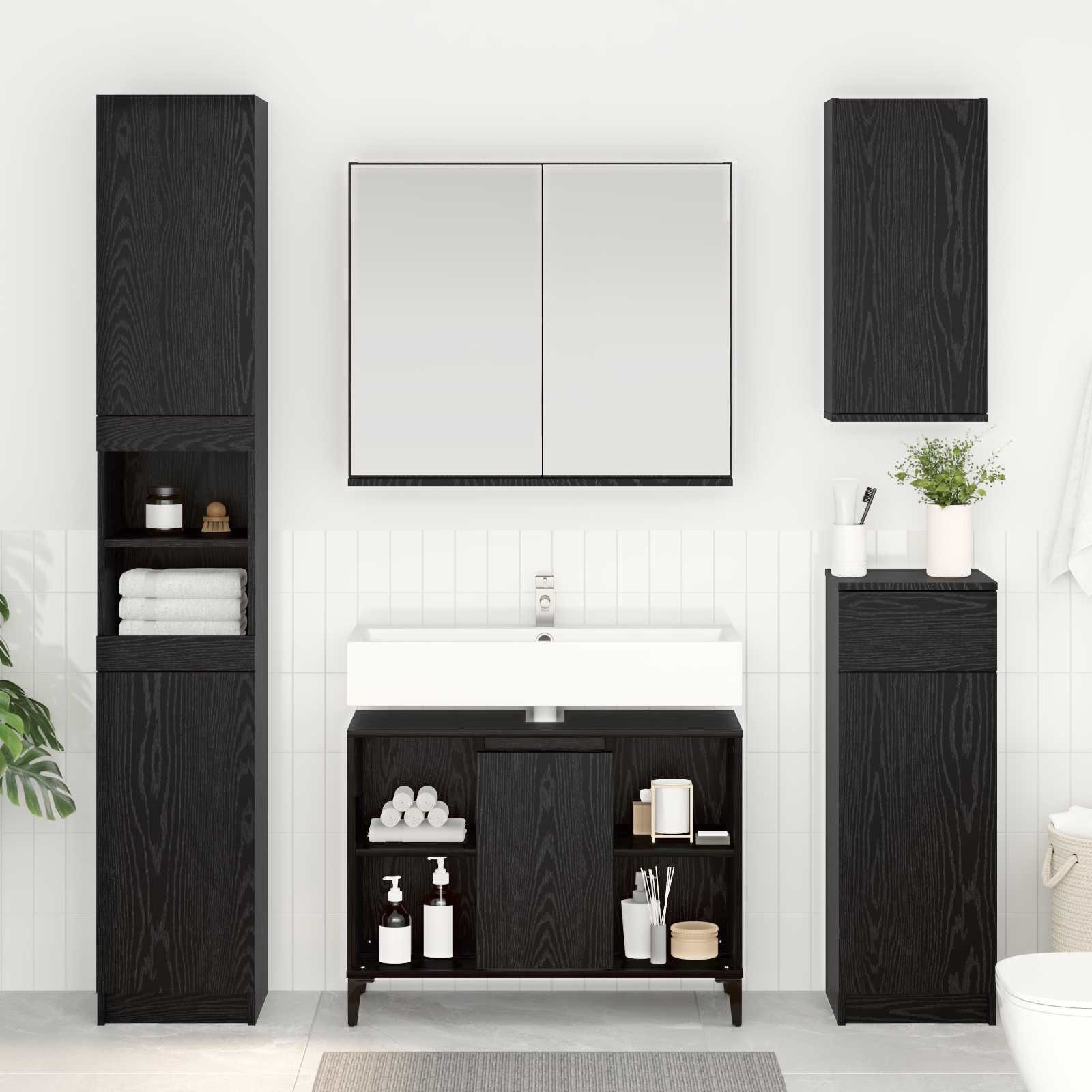 vidaXL Badezimmerspiegelschrank Waschbeckenunterschrank Schwarz Eichen-Optik 80 x 33 x 60 cm (1-St) – Bild 2 von 5