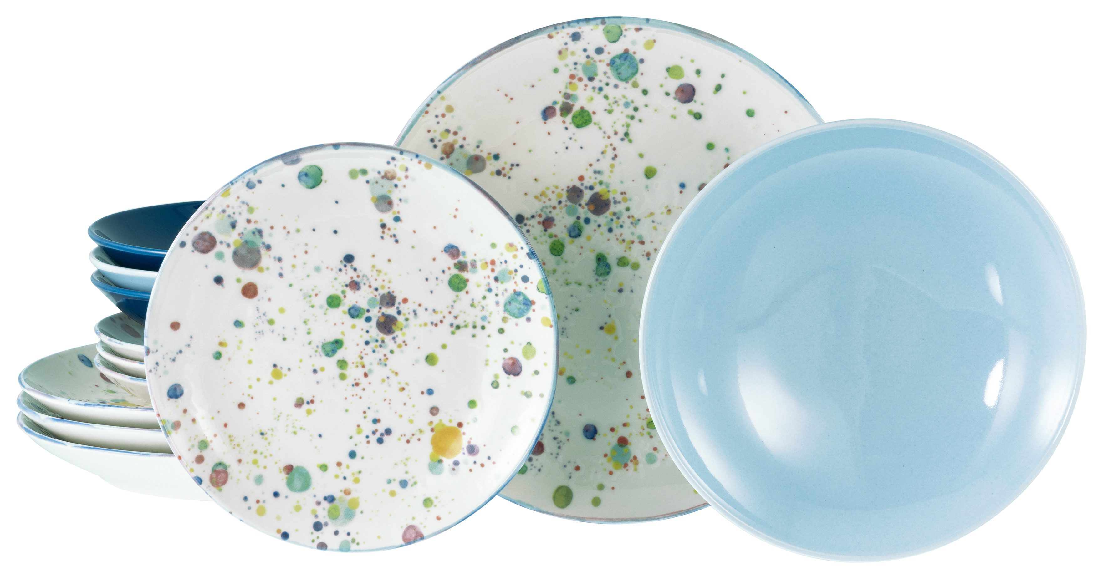 CreaTable Teller-Set Candy Drops, Tellerset 12-tlg. (12-tlg), 4 Personen, Steinzeug, Unregelmäßige bunte Punkte, Gute Laune Geschirr, Frisch, Freundlich