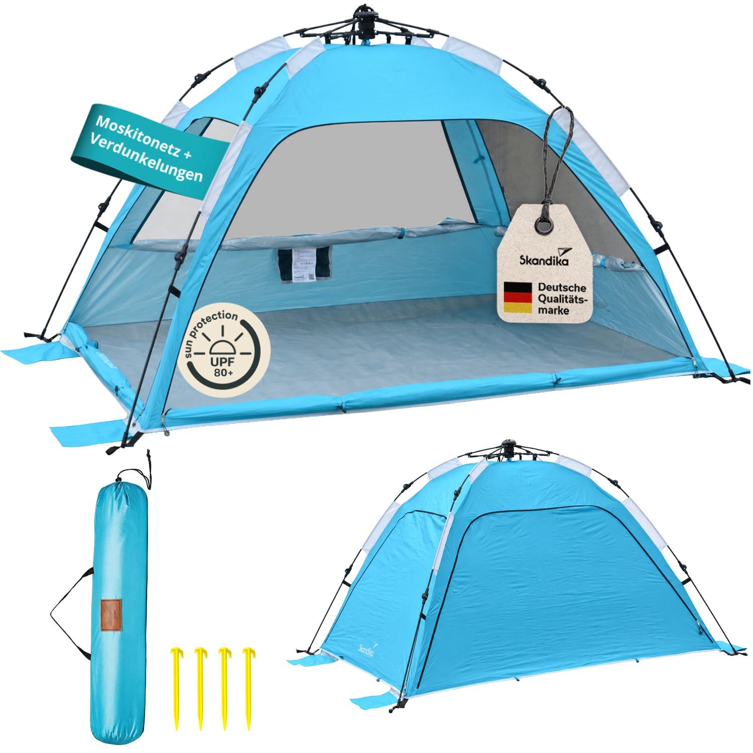 Skandika Strandmuschel Skugga Quick-Start, Strandzelt, UV-Schutz 80+, (Sandheringe, Organizer-Tasche, Tragetasche, Eingenähter Boden), rundum verschließbar, Windschutz, Sonnenschutz, Sichtschutz